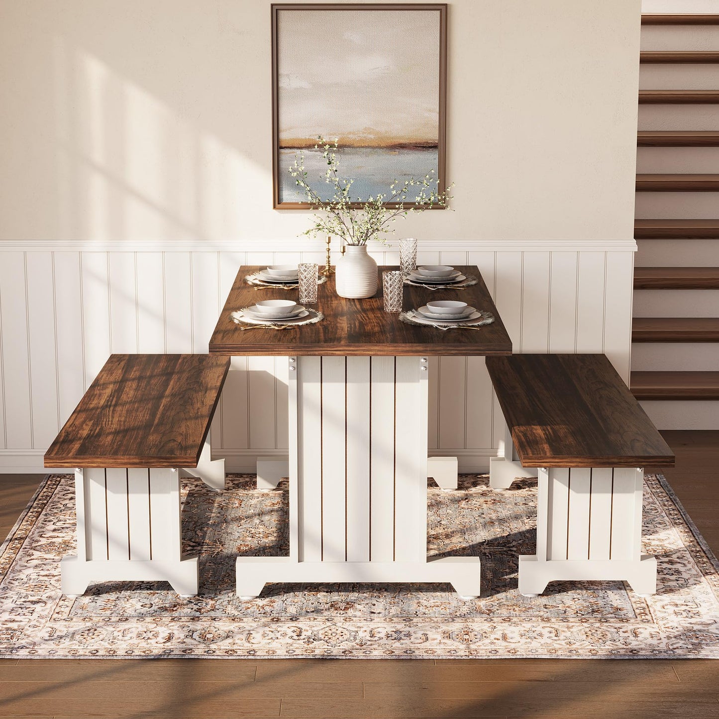 LITTLE TREE Dining Table Set for 4 with 2 Benches, Modern Kitchen Table with MDF Board, Space-Saving Dinette for Kitchen, Dining Room, Brown and White