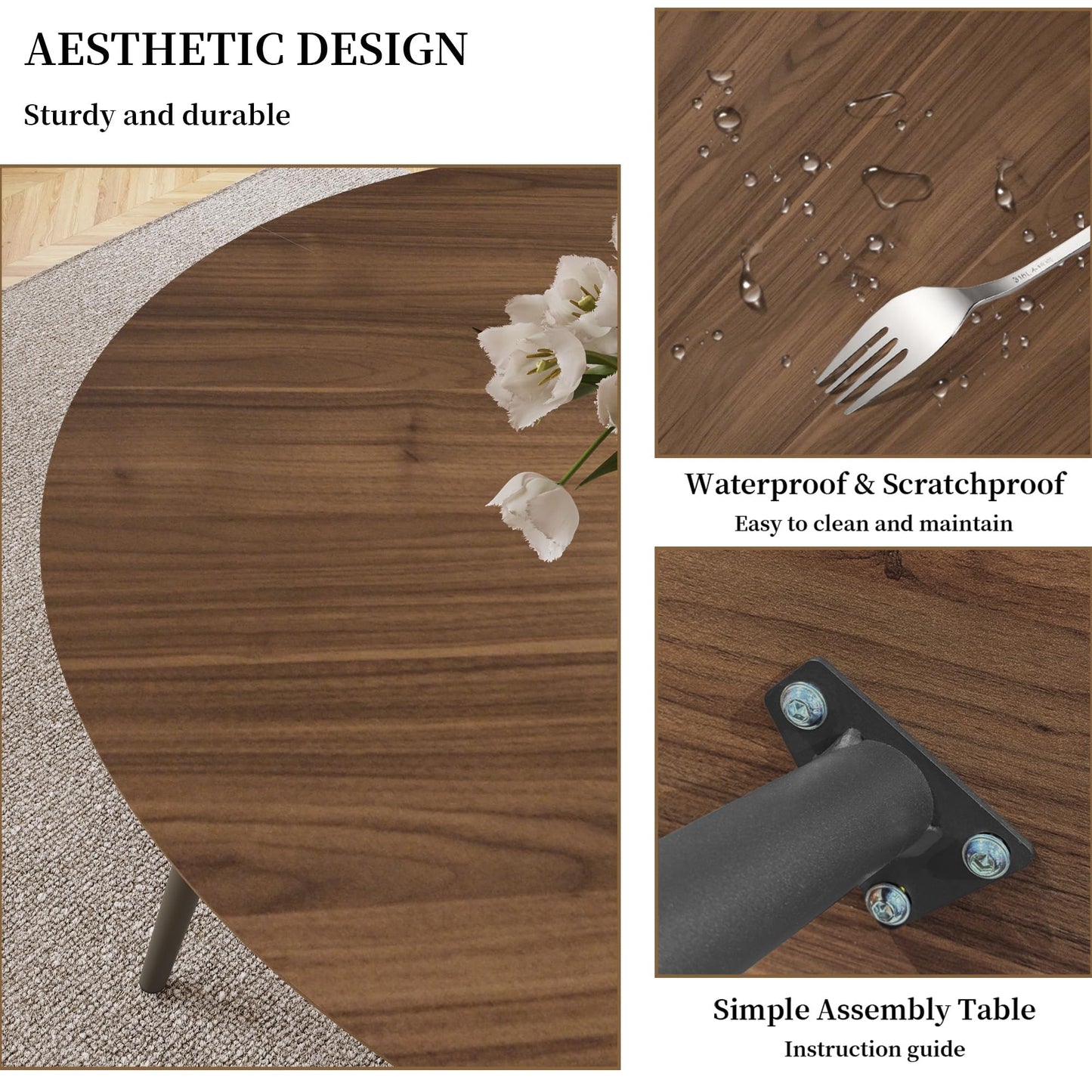 HIPIHOM 43.3 Inch Round Dining Table Set for 4, Modern Small Kitchen Coffee Set for Dining Room Kitchen Apartment (Walnut Table + 4 White Shell Chairs)