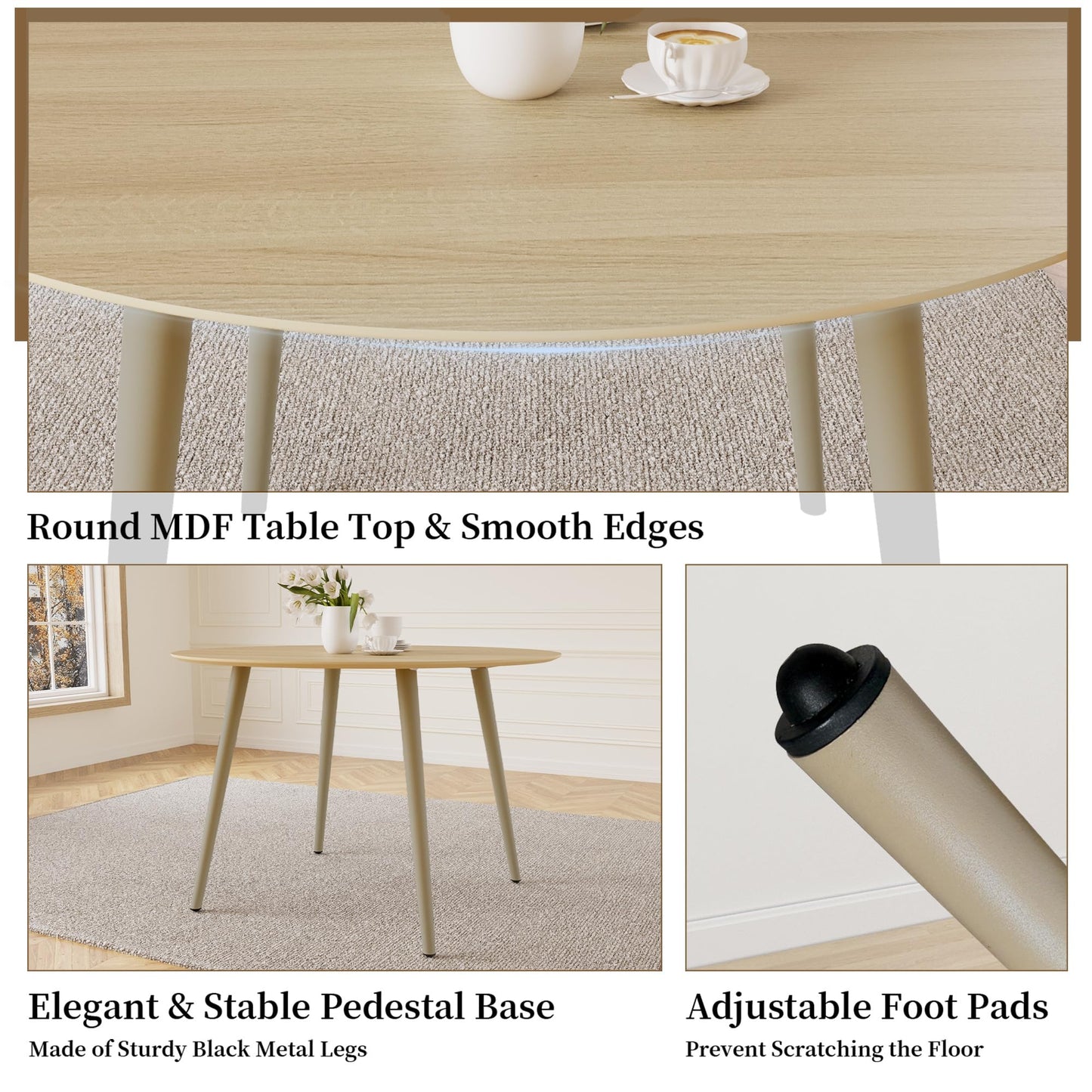 HIPIHOM 43.3 Inch Round Dining Table Set for 4, Modern Small Kitchen Coffee Set for Dining Room Kitchen Apartment (Cream Table+4 U-Shaped White Chairs)