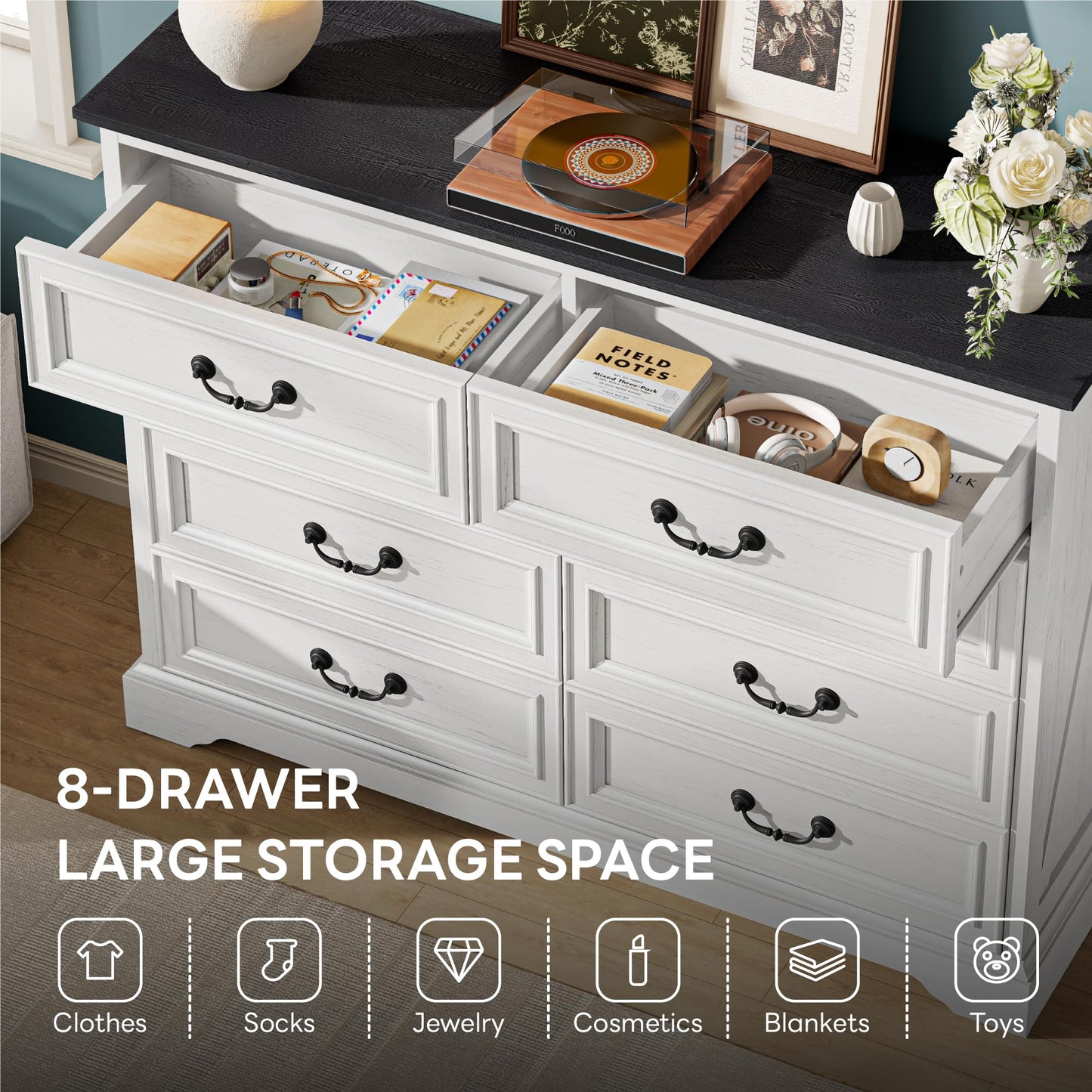 LIKIMIO Farmhouse 8 Drawer Dresser for Bedroom, 52" Wide Dresser Drawers with Storage, Rustic Wooden Chest of Drawers for Bedroom, Hallway, Antique White