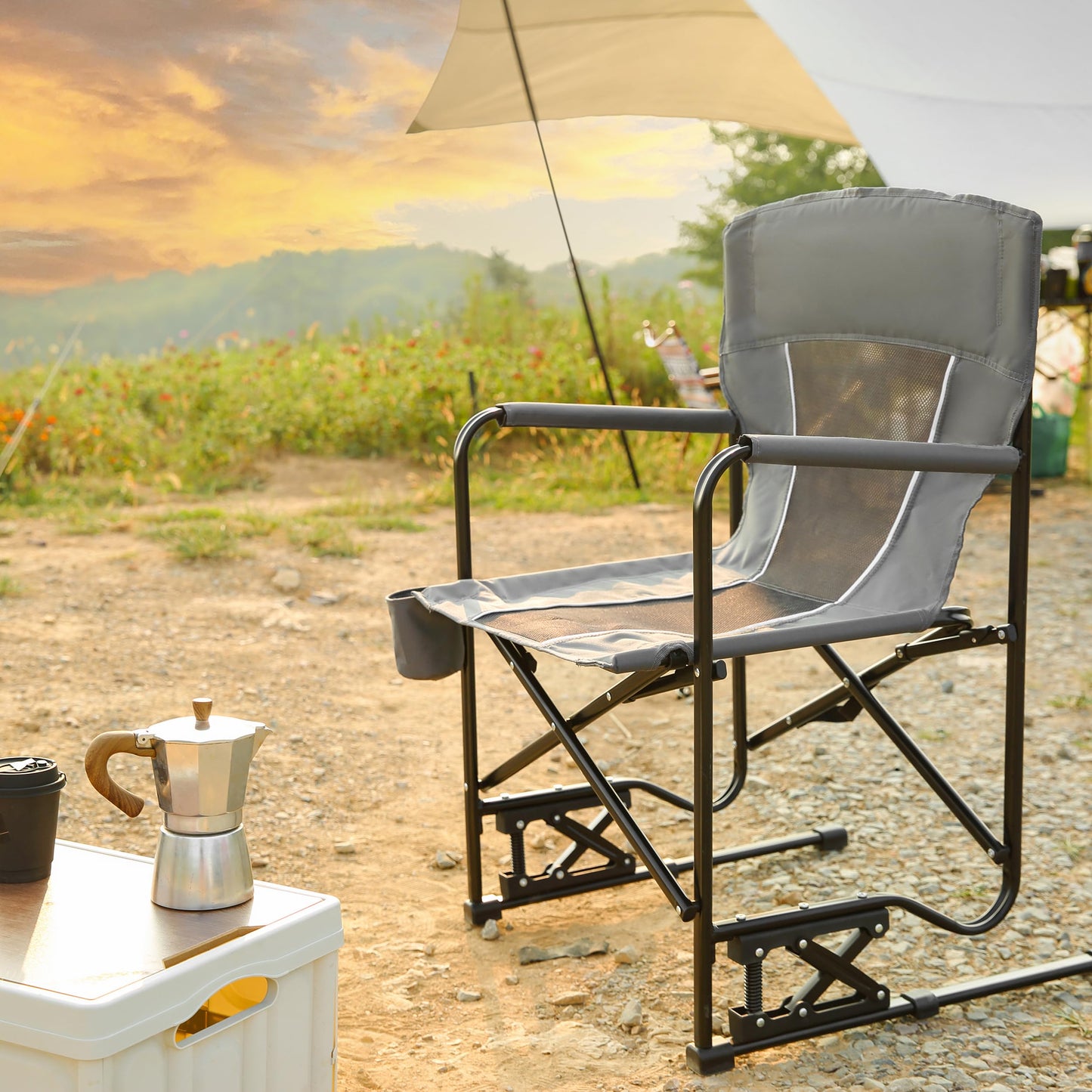 GMLFVUIPLJ Portable Folding Rocking Chair, Outdoor Camping Chair with Cup Holder, Gray, 37 Inch High (Gray)