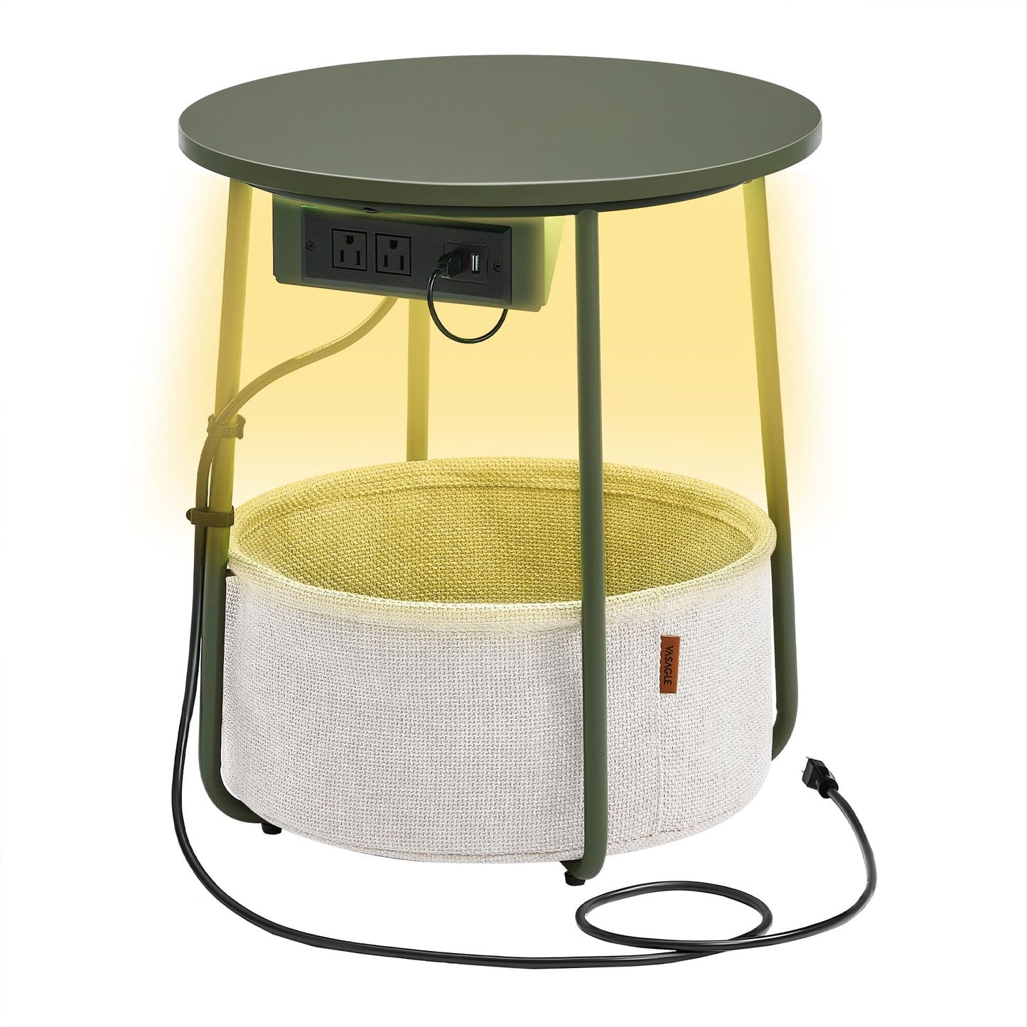 VASAGLE Side Table with Charging Station, Round End Table with Fabric Basket, LED Nightstand with Power Outlets, USB Ports, for Living Room, Bedroom, Modern, Forest Green and Cream White ULET227C01