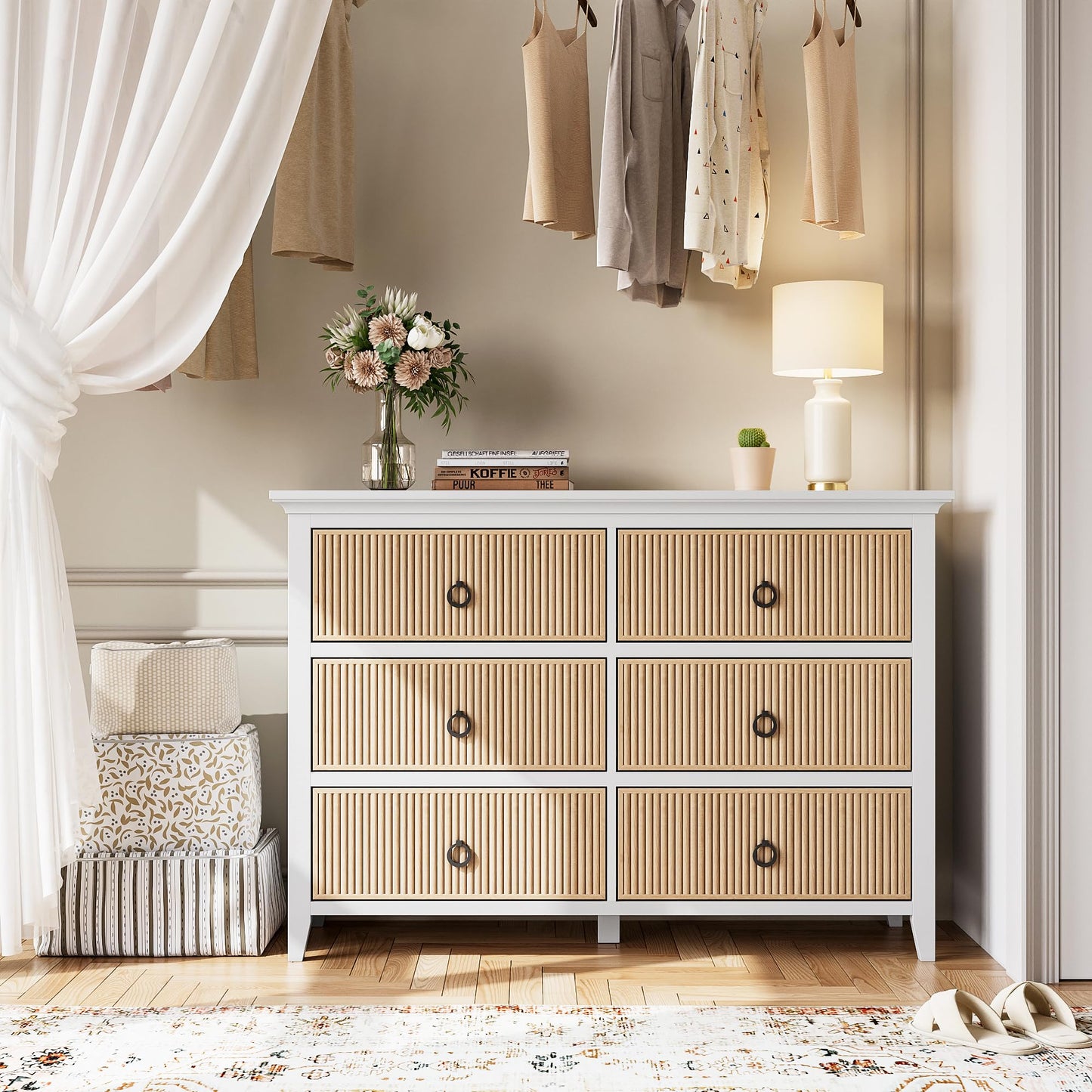 GAOMON 6 Drawer Dressers for Bedroom, Modern Long Dresser Chest with Large Drawer, Waveform Fluted Panel Design, Wooden Chest of Dresser Storage Cabinet Organizer, Antique Profile, Anti-Tipping