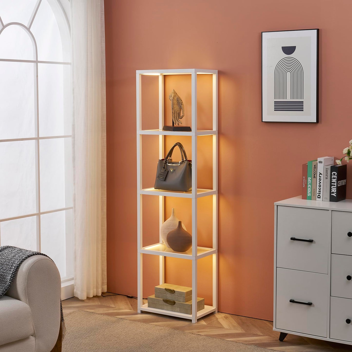 FENLO Glass Shelf Floor Lamp with Dimmable LED Lighting – 66” Curio-Style Display Shelf for Collectibles – App & Remote Controlled Modern Lighted Furniture Fantasy Plus Pro