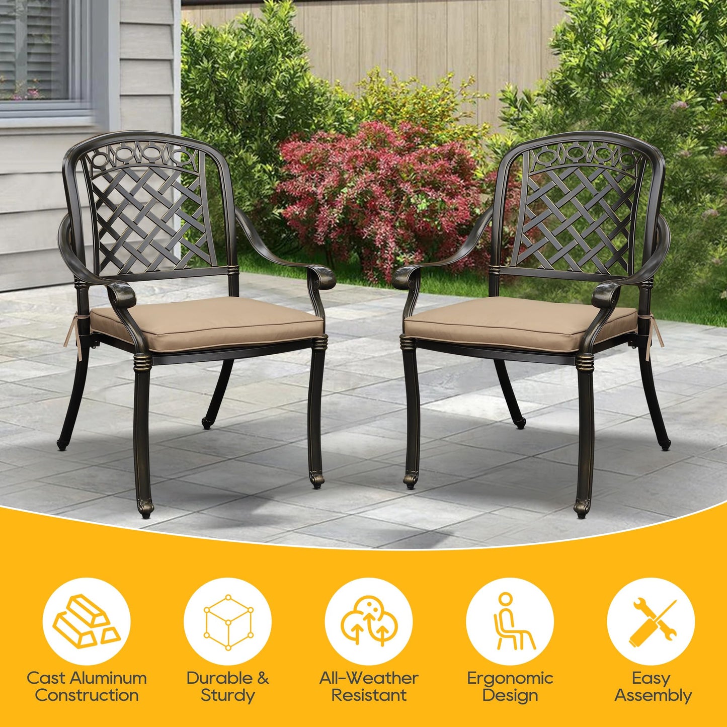 Sumshadow 2-PCS Cast Aluminum Patio Dining Chairs, All Weather Patio Bistro Dining Chairs Set of 2 with Armrests & Cushion, Stackable Patio Dining Chairs for Garden, Balcony, Deck, Bronze
