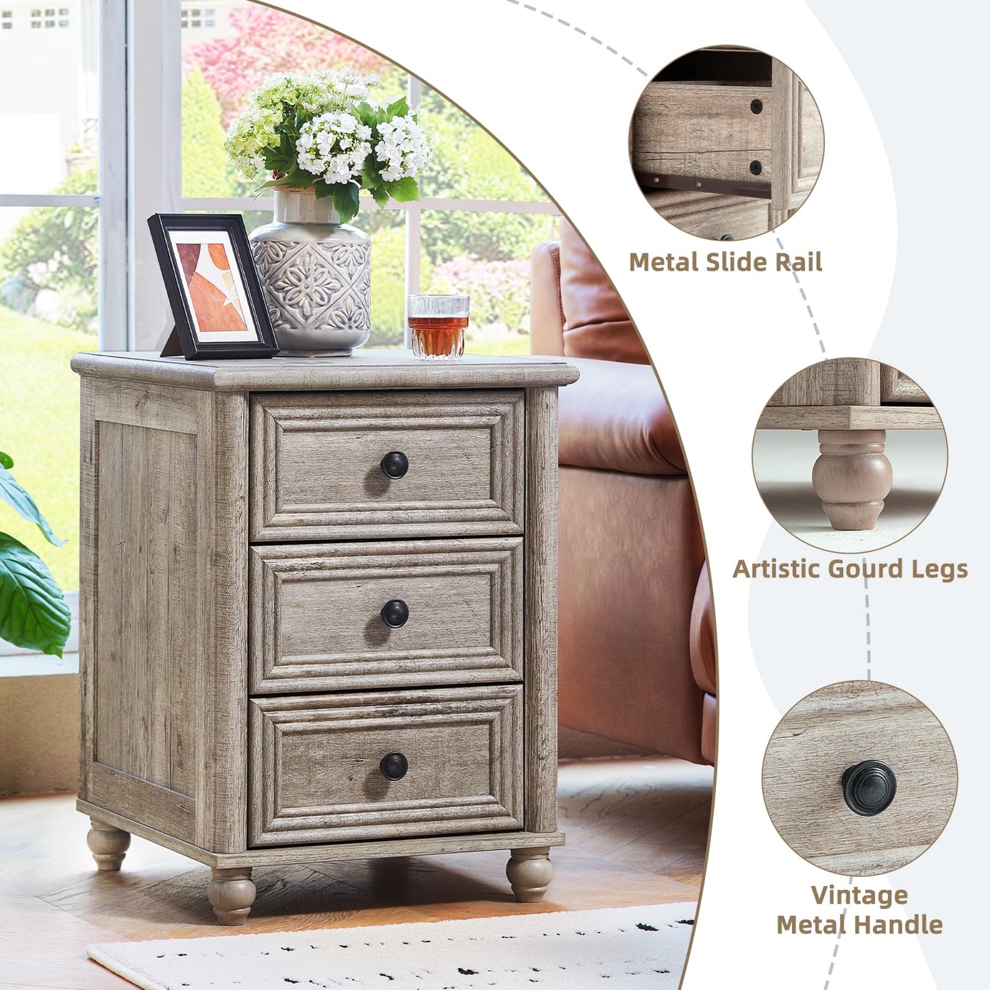 RWYHG 18" Farmhouse Night Stand Set of 2, Gray Wood Nightstand with 3 Drawers, Bedside End Table with Storage and Roman Column, Bed Side Tables Cabinet for Bedroom, Living Room, and Closet
