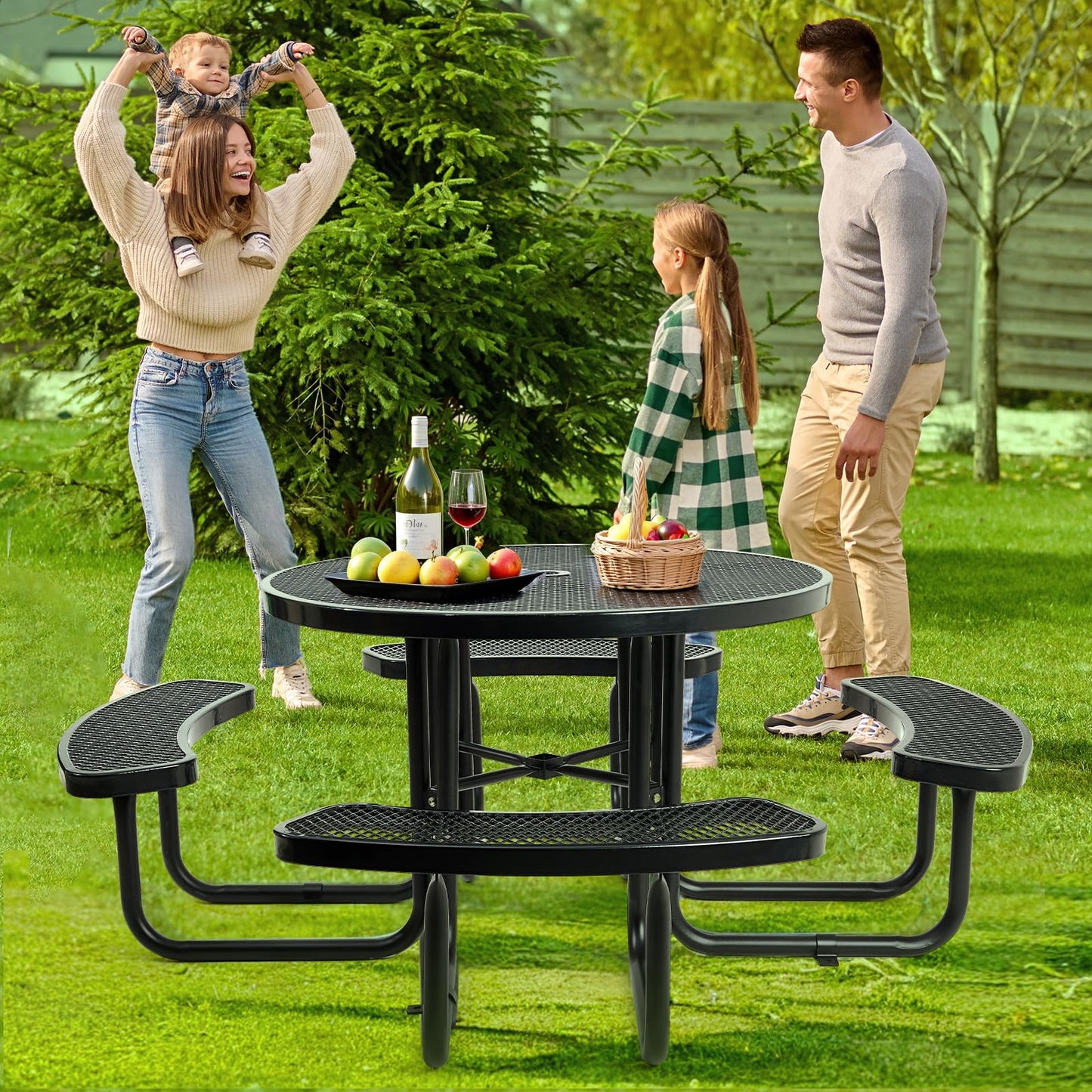 Jinrrenyi 46IN Circle Metal Picnic Table Set with Umbrella Hole and Benches for Outdoor, Expanded Heavy Duty Metal Commercial Grade Patio Dining Furniture for Yard Patio Lawn Party Coffee, Black