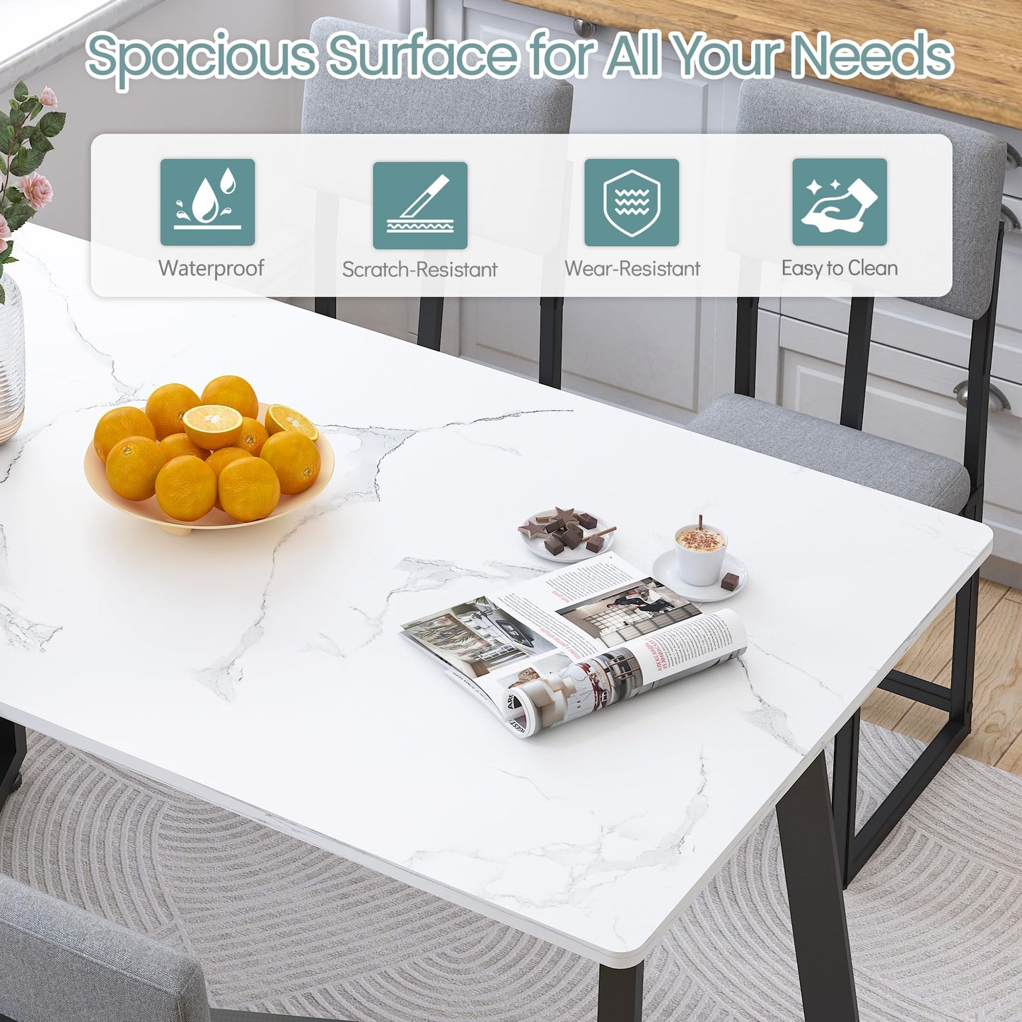 HUGROVE 5-Piece Dining Table Set, 47.27'' Faux Marble Rectangular Table with 4 Linen Upholstered Dining Chairs, Modern Kitchen & Dining Room Furniture for Apartment (Silver)