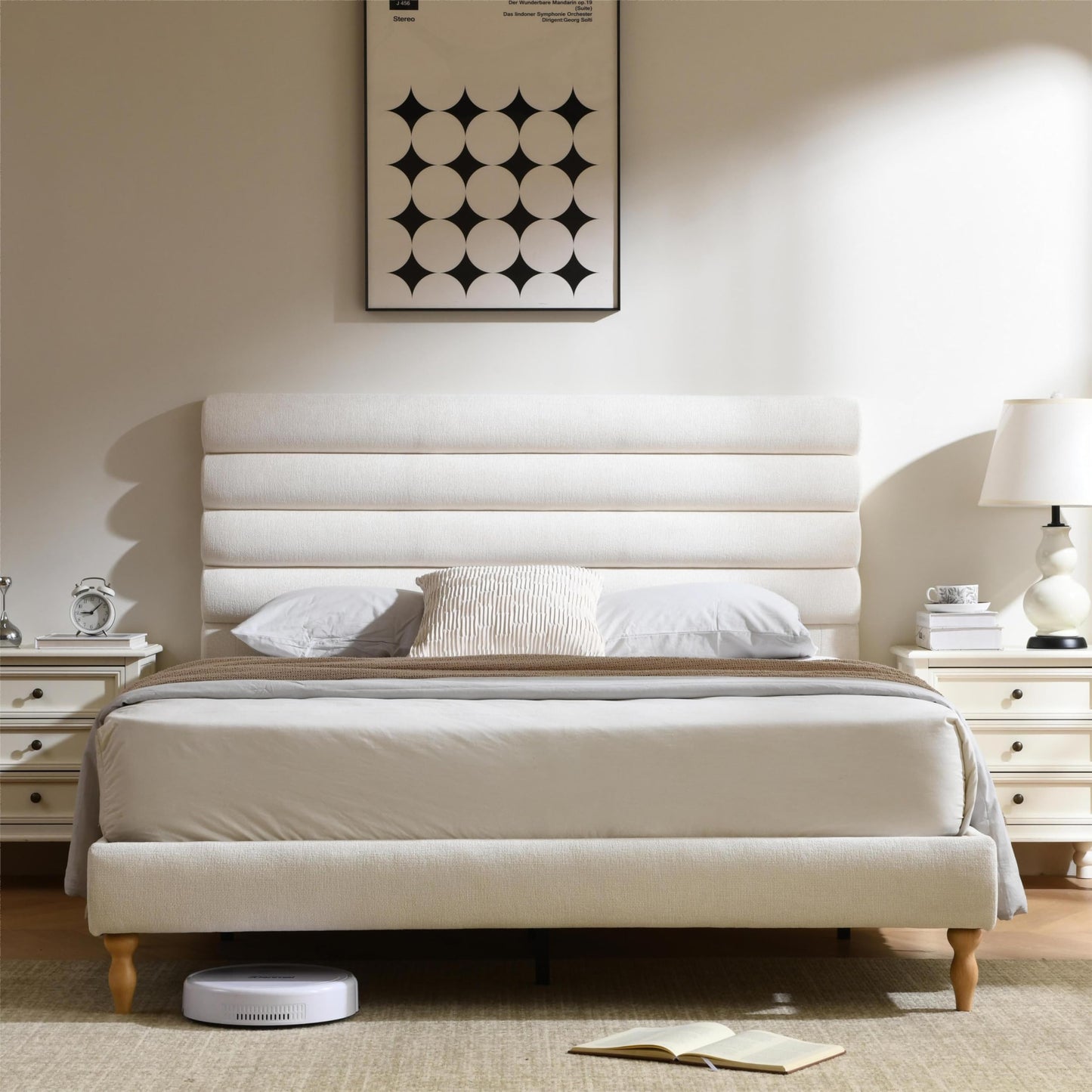 PINJU Queen Size Upholstered Bed Frame with Roundwood Stacked Headboard, Solid Wood Feet, No Noise, Wooden Slat Support, No Spring Mattress Required, Easy to Assemble（White, Queen）