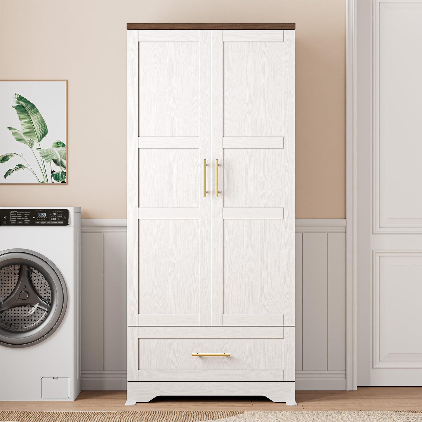 IRONCK Wooden Armoire Wardrobe Closet, 71" Tall Wardrobe Cabinet with Drawer and Door, Bedroom Wood White Clothes Storage Cabinet with Hanging Rod and Shelves