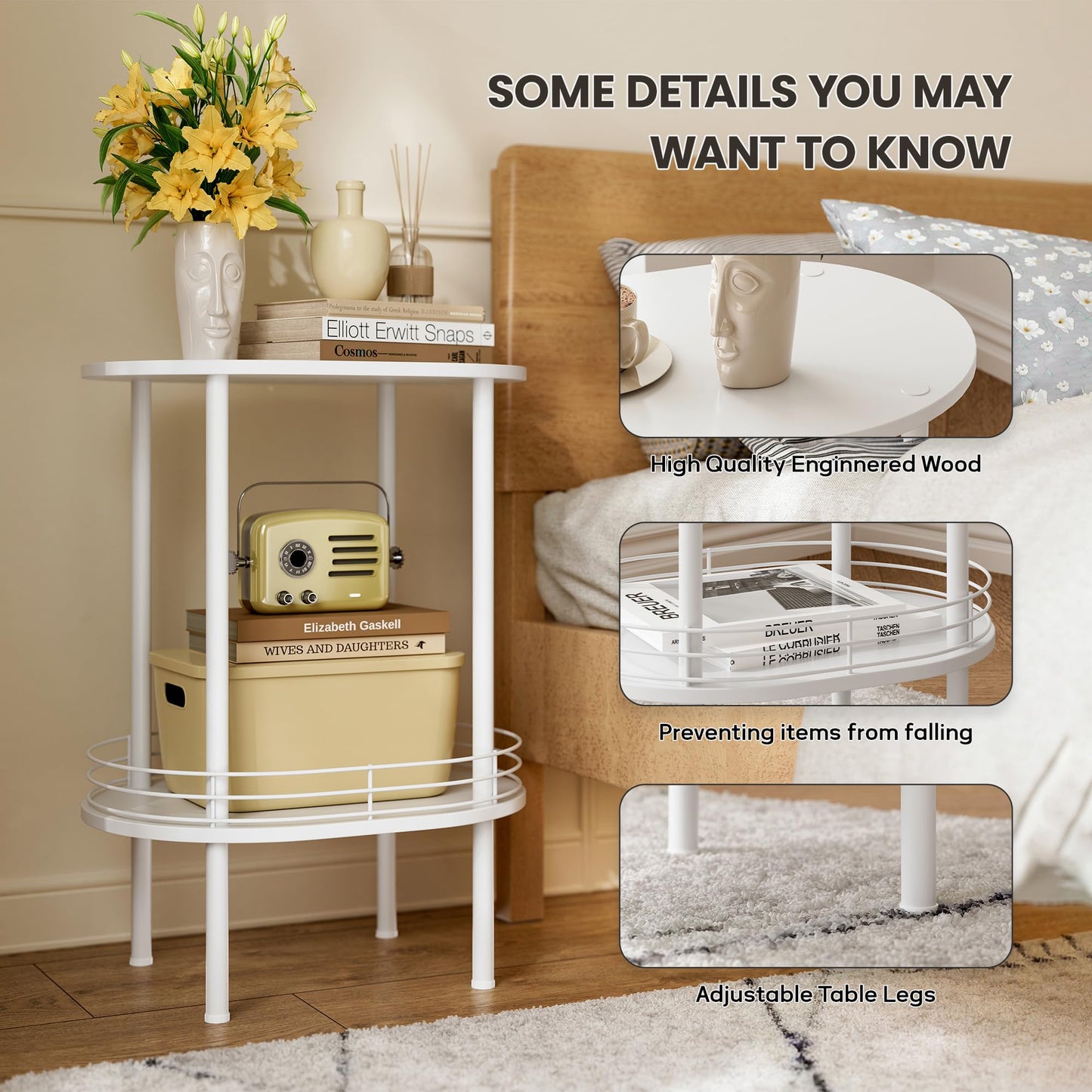 DGSANDGO Small Round Side Table,Bedside Table with Storage,Morden Round Nightstand,Samll Side Table for Living Room,Bathroom,Bedroom, Nursery, Laundry, White