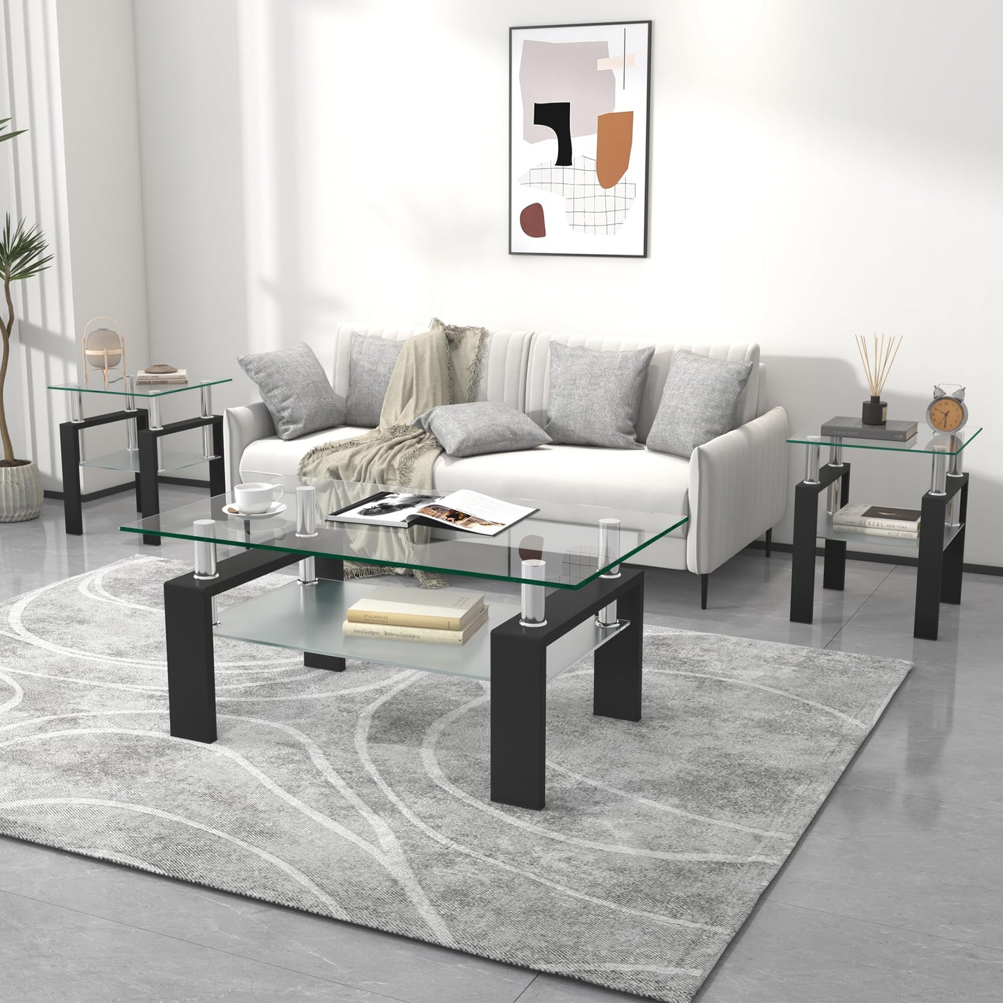 Modern Glass End Table 2-Tier Tempered Glass Top Corner Table for Living Room, Side Table with Metal Legs (Clear, 1pc)