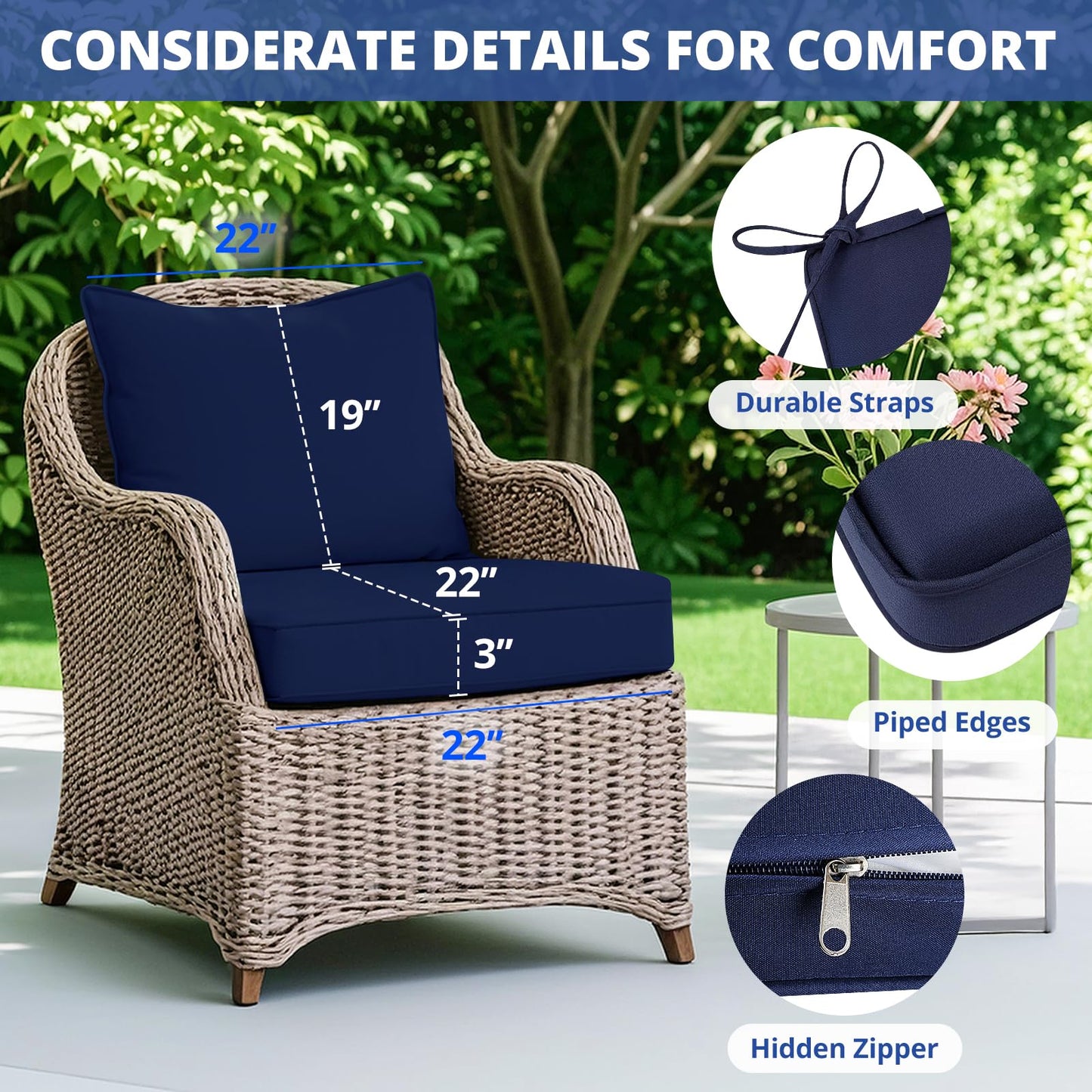 Fabuday Outdoor Chair Cushions Set - 22 x 22 Inch Waterproof & Fade Resistant Patio Furniture with Removable Cover Deep Seat & Back Pillow with Ties Replacement for Sunbrella Outside Sofa Couch Blue