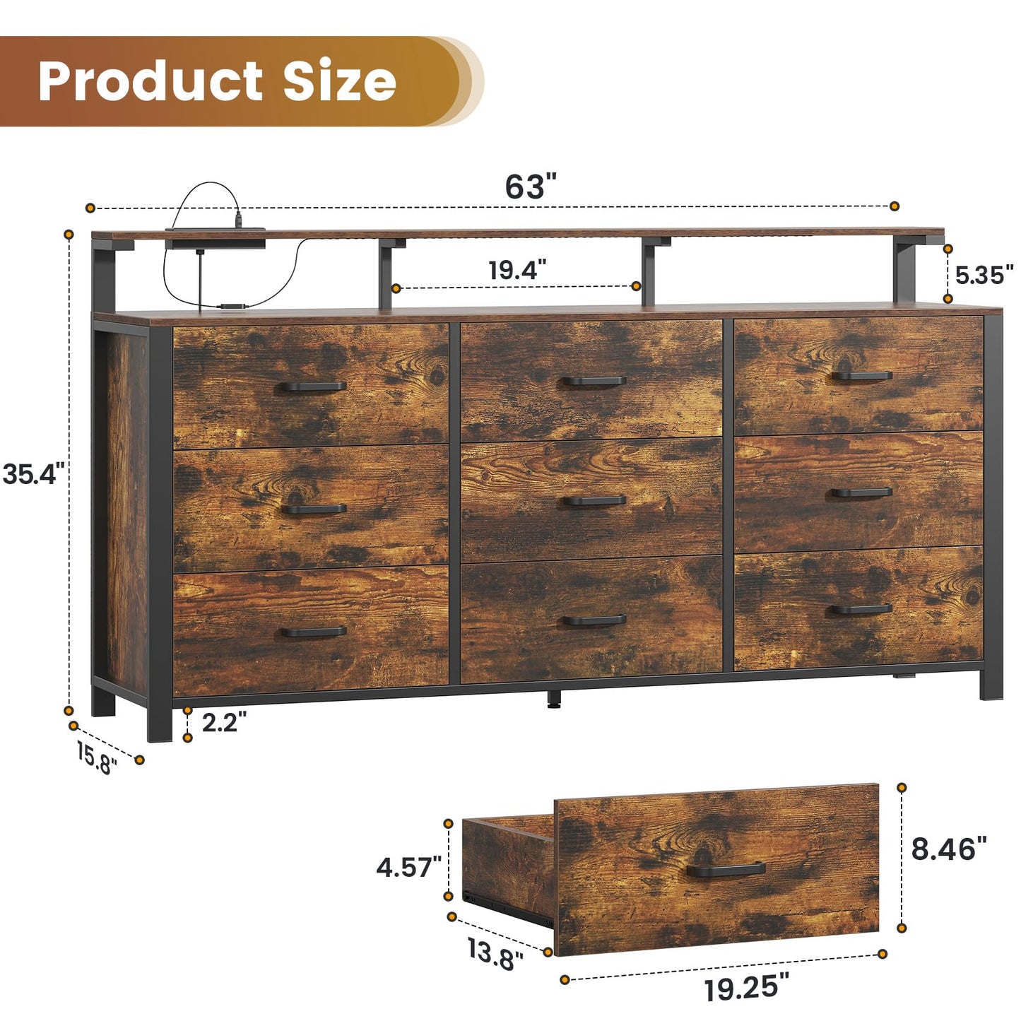 Frmobepts 63'' Rustic Brown Dresser for Bedroom, 9 Drawer Dresser with Power Outlet and Led Lights, Bedroom Furniture with Wooden Drawer and Metal Frame, TV Stand with Deep Drawer Storage