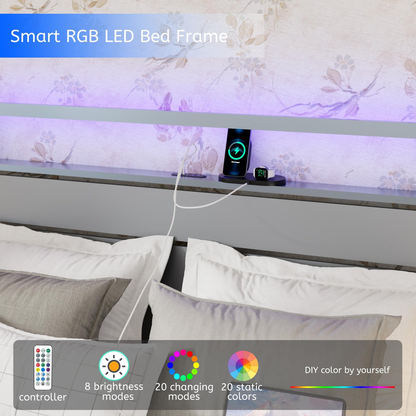 VFJ Large Bed Frame with headboard, Metal Platform Bed Frame with Charging Dock, Heavy-Duty Platform Bed Frame with LED Lights, Easy to Assemble, Silver