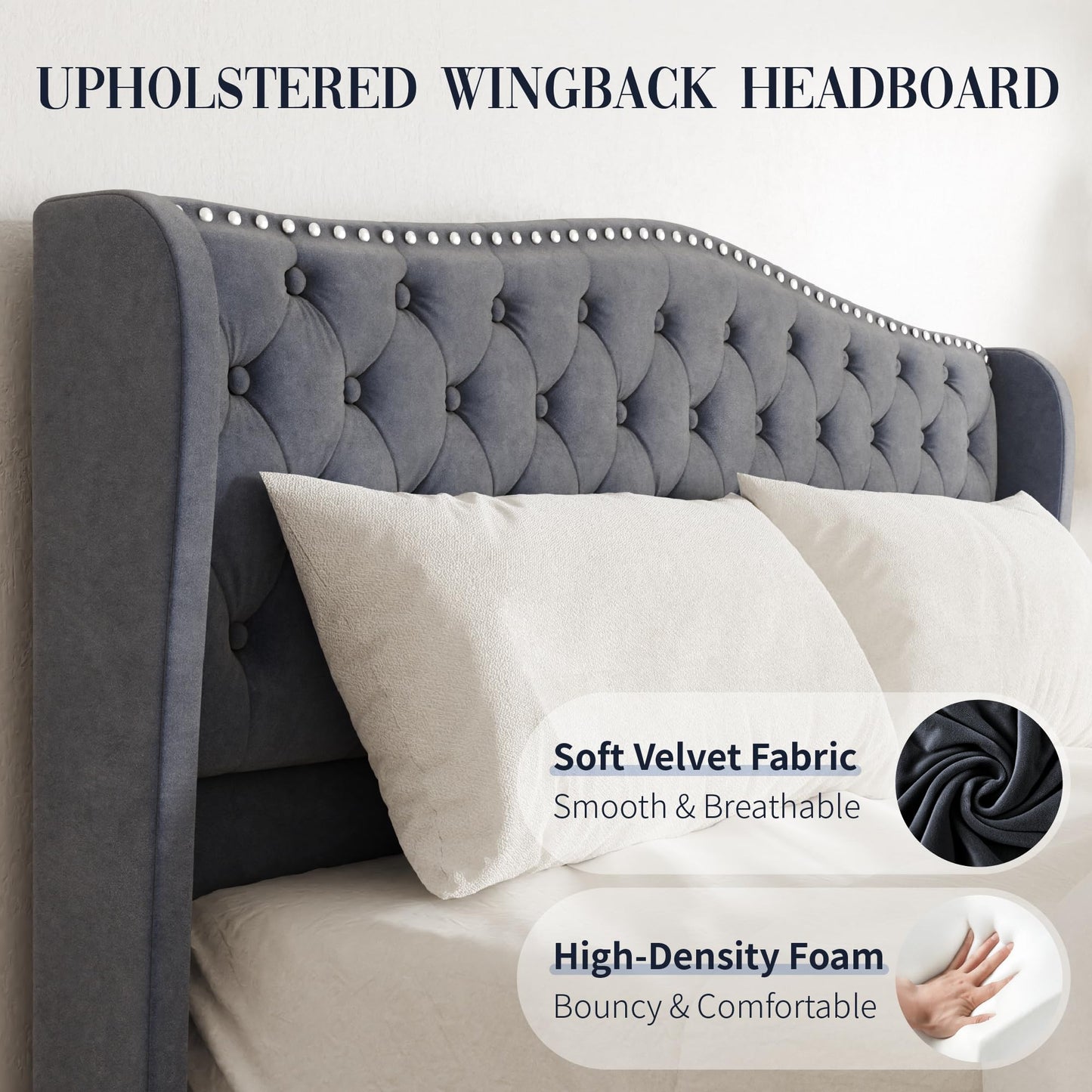 SwnftWinnt Queen Size Upholstered Bed Frame, Velvet Luxury Wingback Headback, Platform Bed with Deep Button Tufted & Nailhead Trim, No Box Spring Needed, Noise Free, Easy Assembly, Grey