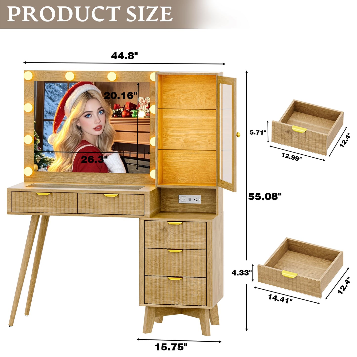 Fluted Vanity Desk with Mirror and Lights, 45" Glass Top Makeup Table Set with 5 Drawers, Power Outlet & Storage Cabinet, Large Dressing Table with RGB Ambient Light for Bedroom Women Girls, Oak