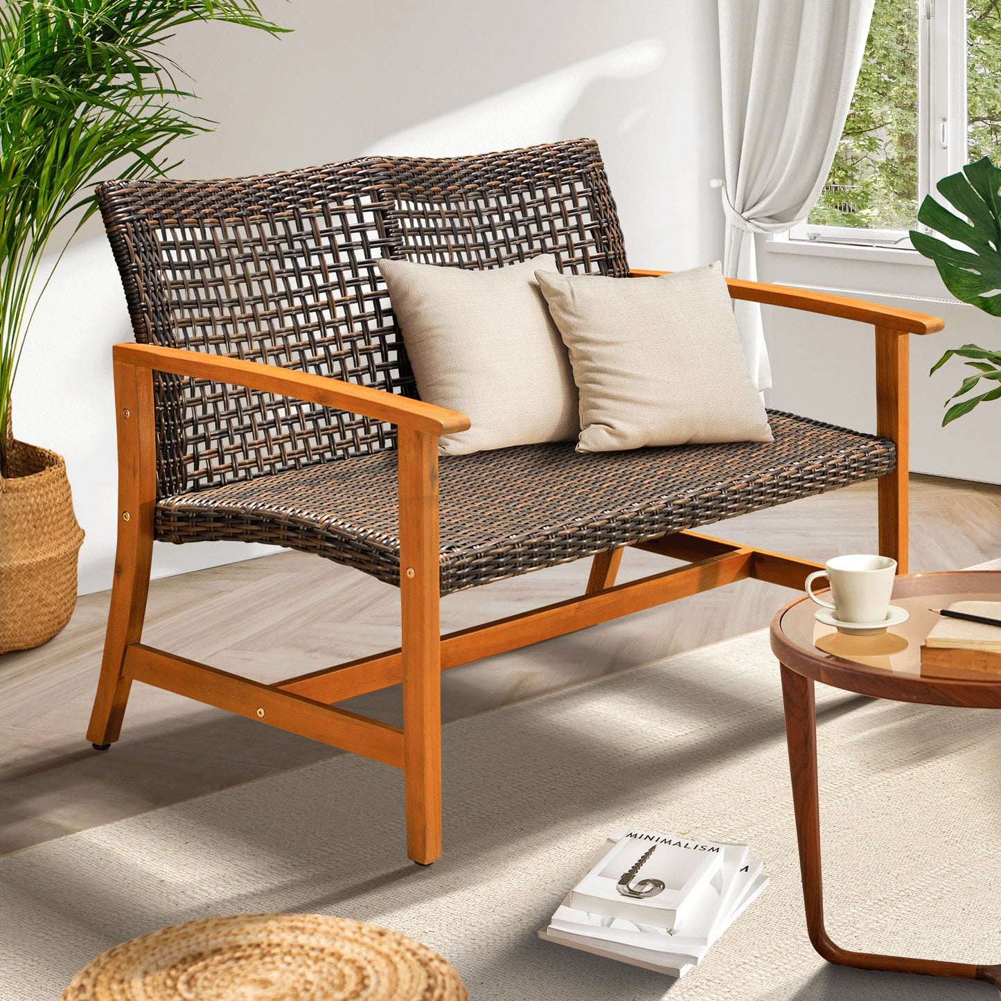 IDZO Harmonie 800lbs Capacity Outdoor Loveseat Furniture, FSC Certified Acacia Patio Sofa with Upgraded 2000 Hours UV Resistant Wicker, Teak Finish Porch Couch