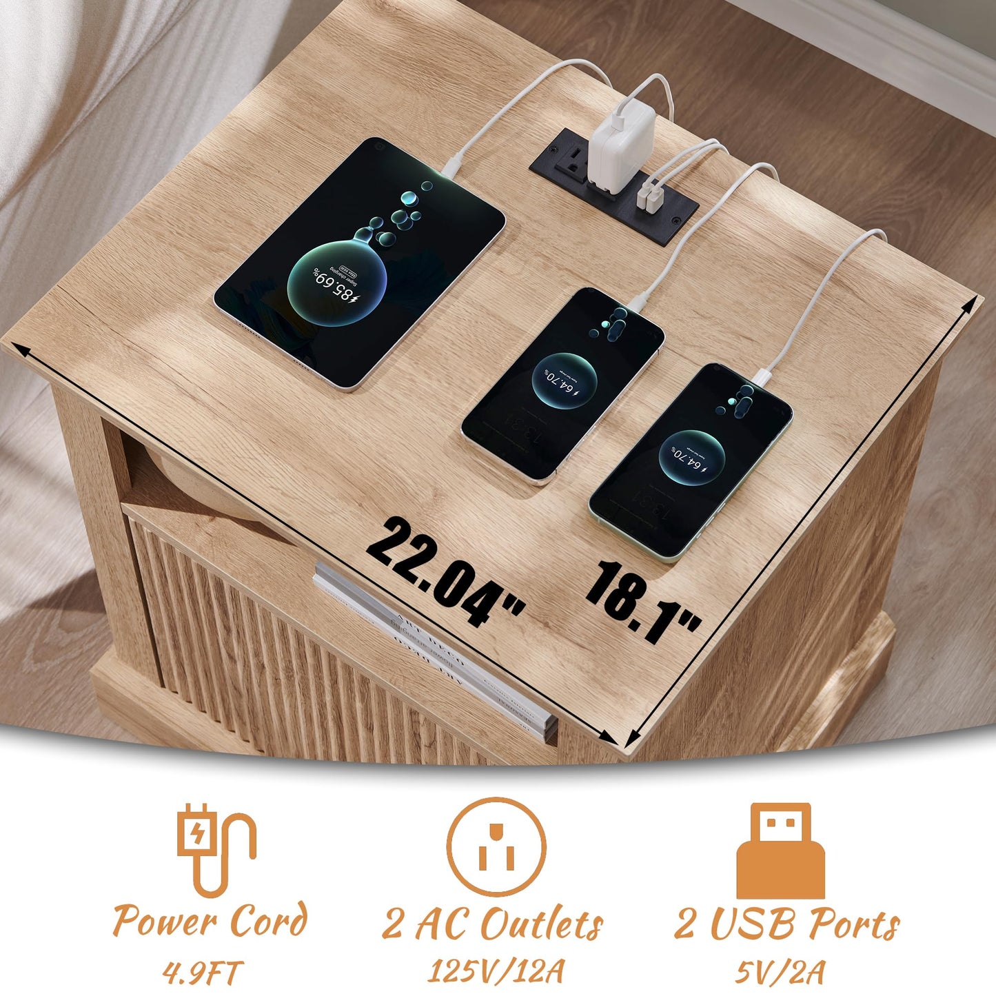 Aitjunz Fluted Nightstand Set of 2, 22" Large Modern Side Table with Charging Station, Wood End Table w/Open Shelf, Bedside Table with Storage Space for Bedroom, Living Room (Natural)