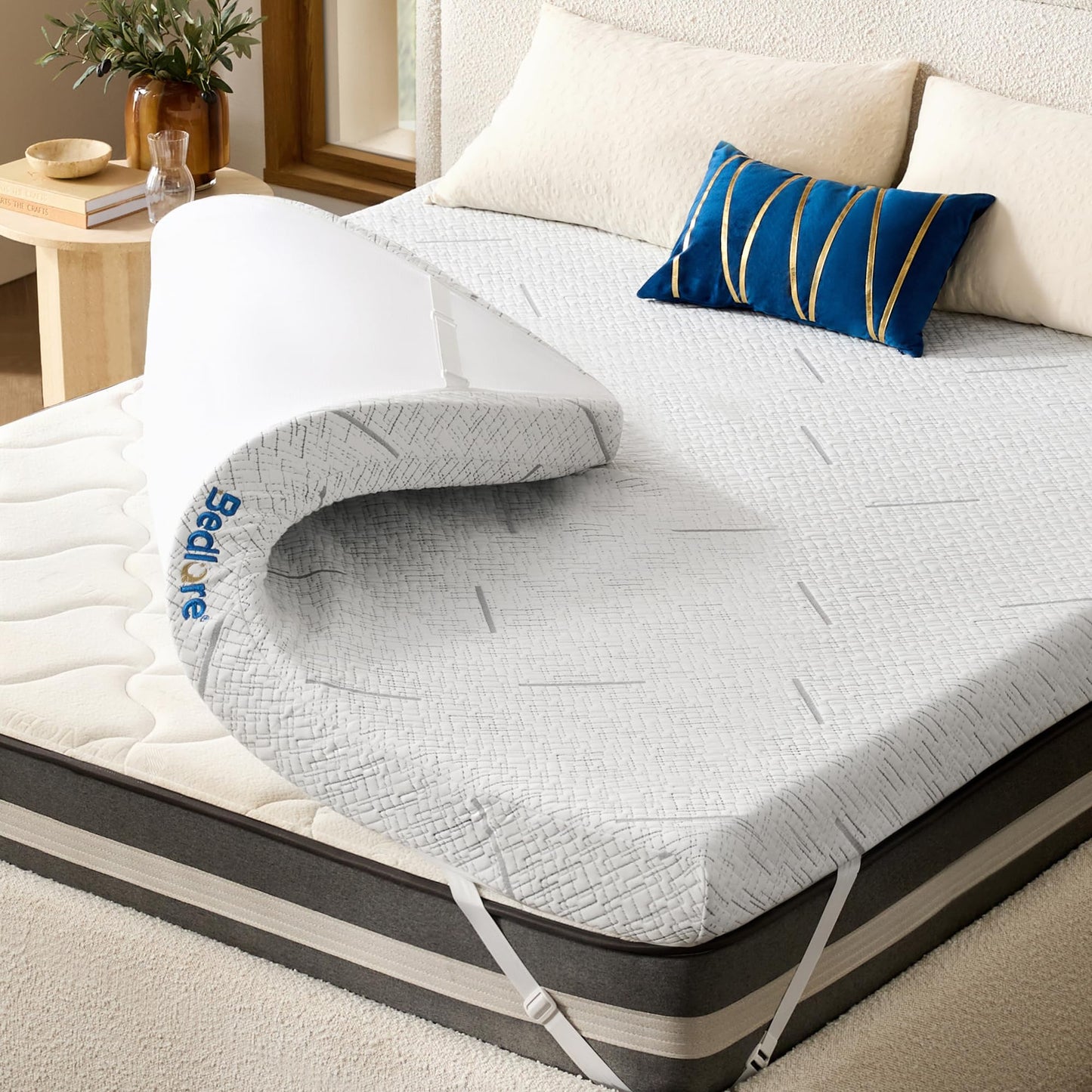 BEDLORE King Mattress Topper, 3 Inch Gel Memory Foam Mattress Pad with Straps for Back Pain Relief, Breathable & Non-Slip with Removable Washable Cover