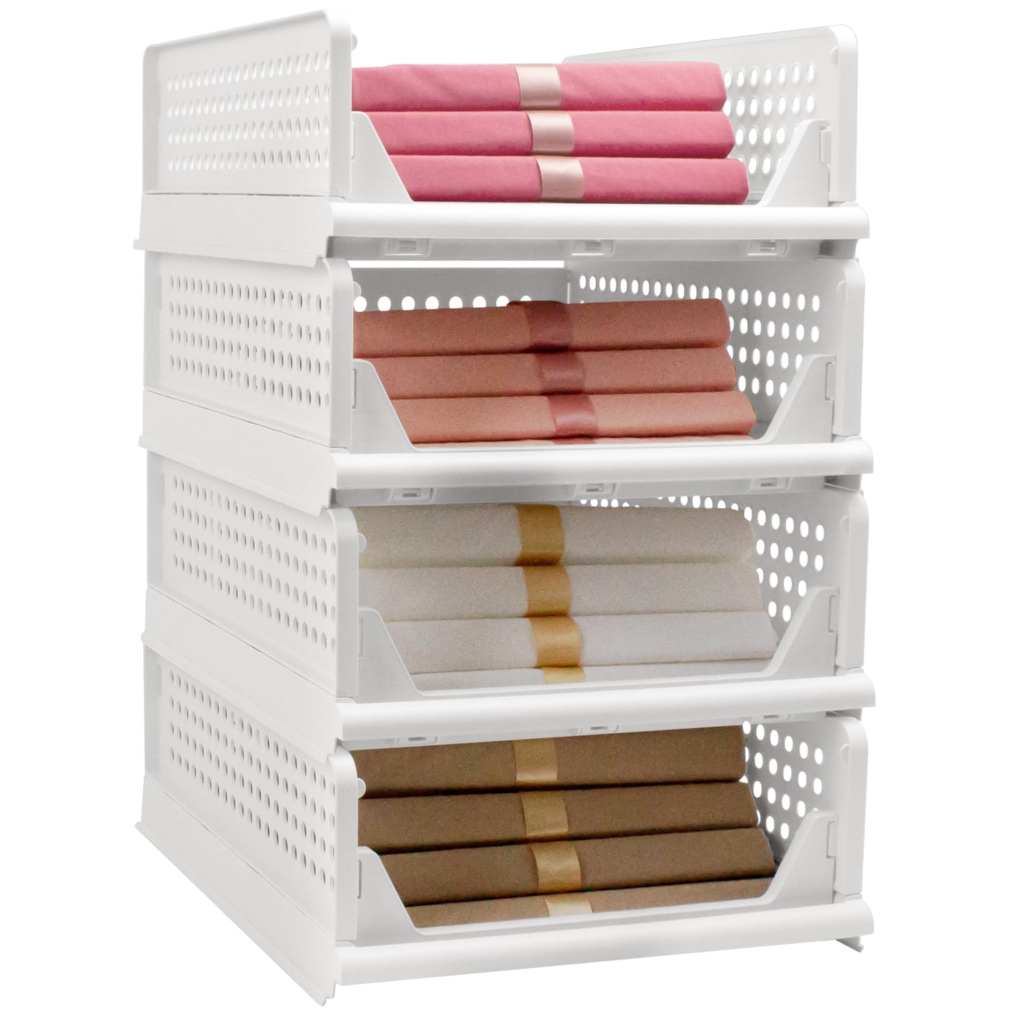 Stackable Foldable Storage Baskets, Folding Storage Bins, Closet Organizers and Plastic Drawer Shelf Storage Container for Wardrobe, Cupboard, Kitchen, Bathroom, Office (White, 4S)