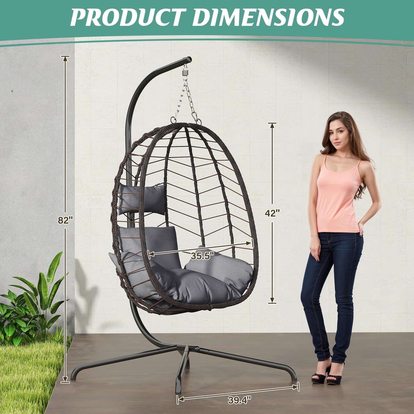 LEX CRAFT Hanging Egg Chair with Stand, Swinging Egg Chair Outdoor Indoor, Hanging Basket Chair with Cushion, Patio Wicker Hammock Chair 350lbs Capacity for Bedroom, Balcony, Backyard, Garden (Grey)