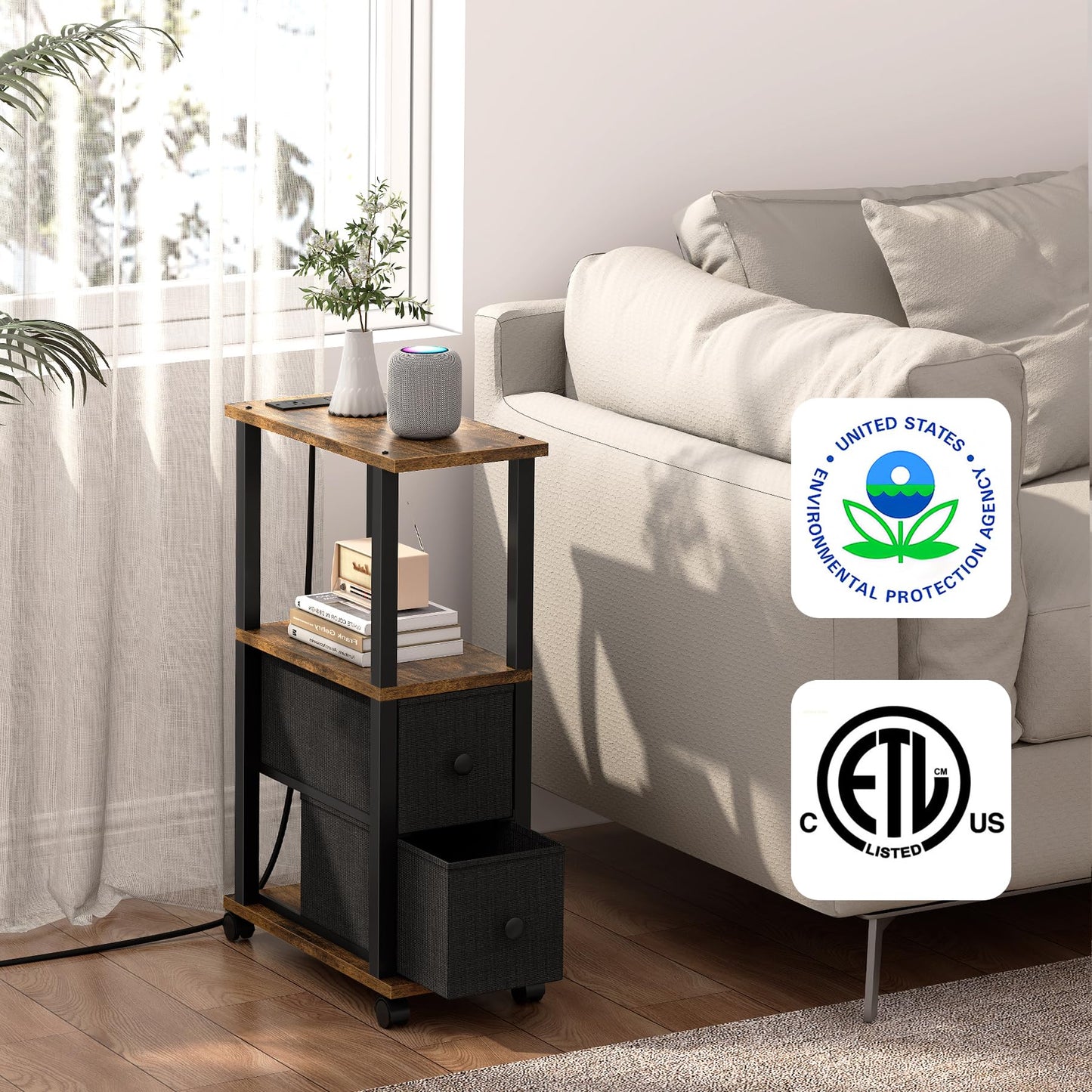 TUTOTAK Small Narrow End Tables, Side Tables with 2 Fabric Drawers, Set of 2, Bedside Tables with Charging Station for Small Spaces, Slim Nightstands with USB Ports and Wheels, TB01BB053