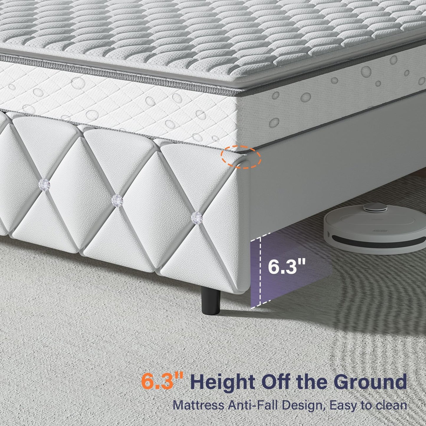 HOMBCK Queen Platform Bed Frame with Upholstered Diamond Headboard, Mattress Foundation with Strong Wooden Slats Support, No Box Spring Needed, Easy Assembly, Pearlized White