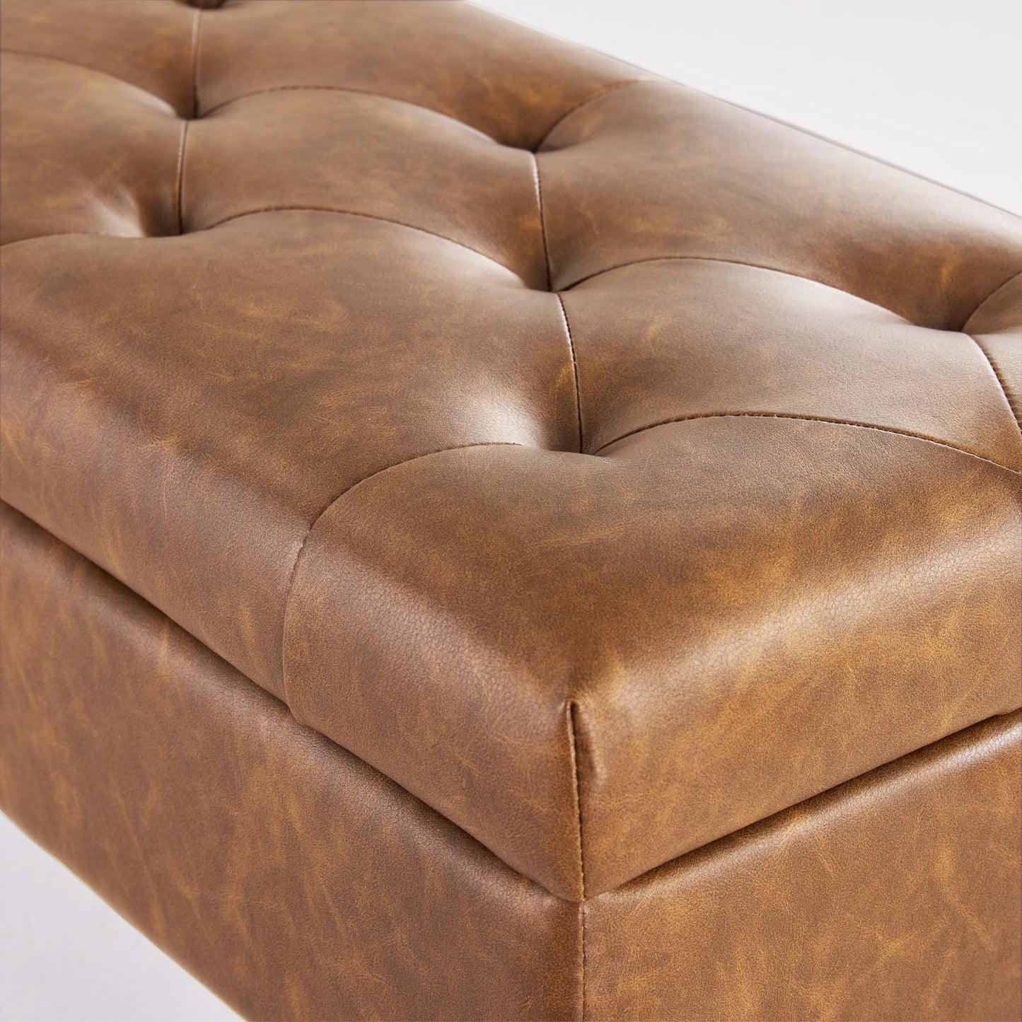 CUYOCA Storage Ottoman Bench, 40" Faux Leather Tufted Entryway Bench, Long Ottoman with Storage for Living Room, Support 660lbs - Cognac Brown