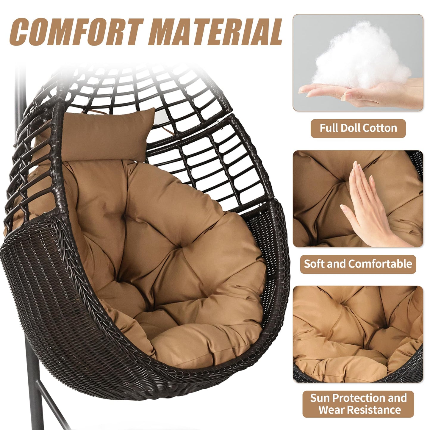 TWT Hanging Egg Chair with Stand, 330lbs Capacity Patio Wicker Egg Swing Chair with UV Resistant Cushion for Bedroom Garden Indoor Outdoor (Dark Brown)