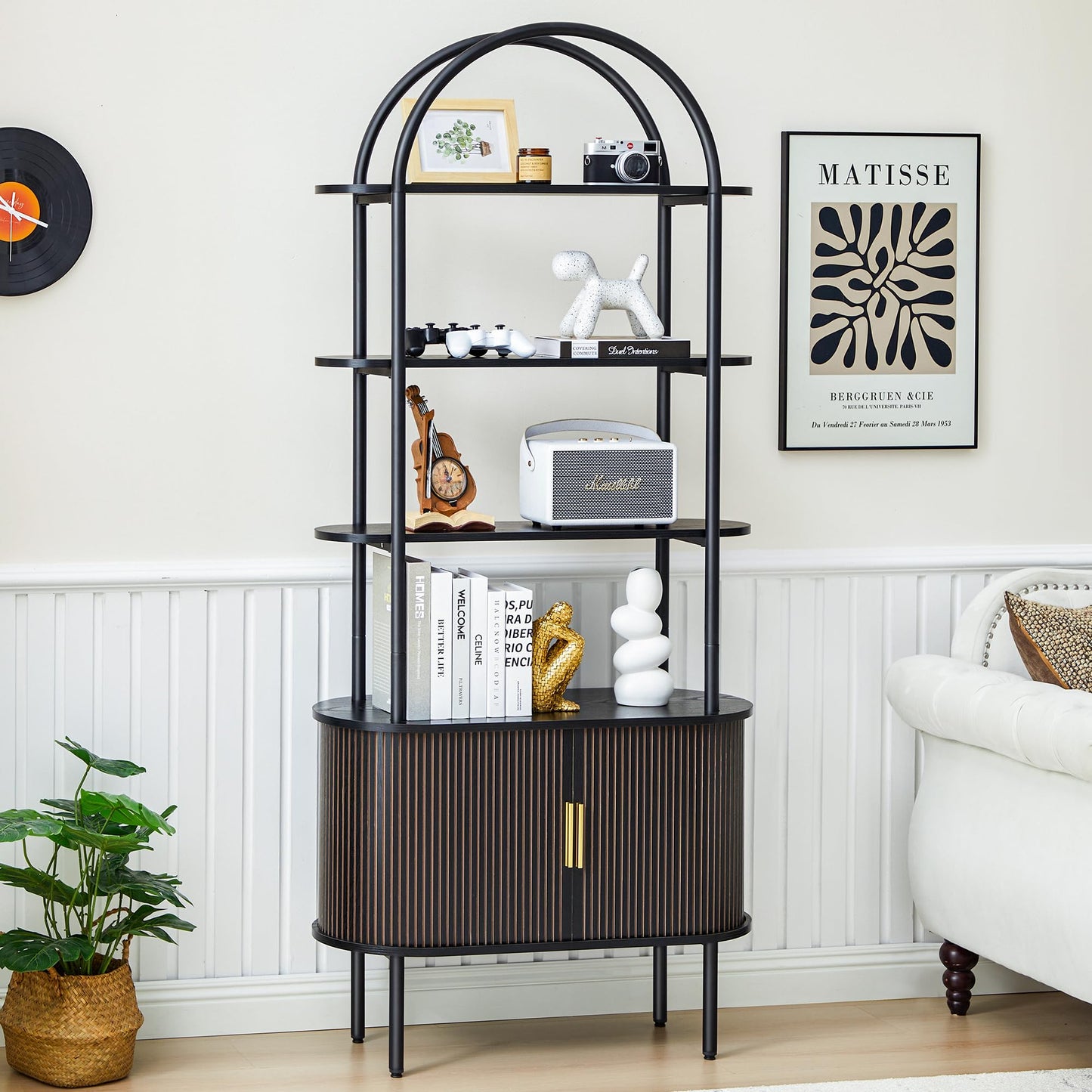 Turtle&Myrtle Tall Arched Bookshelf, Mid Century Modern Fluted Bookcase Cabinet with Sliding Doors, Curved Metal Frame Bookcase, Industrial Storage Display Shelving for Living Room, Bedroom (Black)