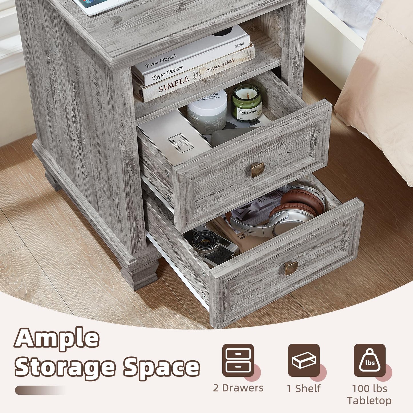 SAVOR LIFE Farmhouse Nightstand Set of 2 with Charging Station, Rustic Grey Nightstand,2 Drawers End Table for Living Room,Bedside Table with Open Shelf for Bed Room,Grey