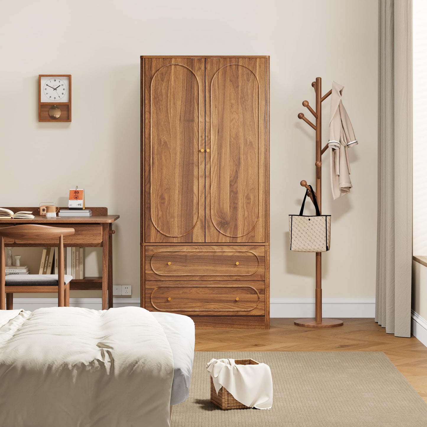 ORRD Fluted Freestanding Armoire Wardrobe Closet with 2 Doors and 2 Storage Drawers, Large Capacity Wardrobe Cabinet, Wooden Closet for Bedroom, Living Room - Walnut