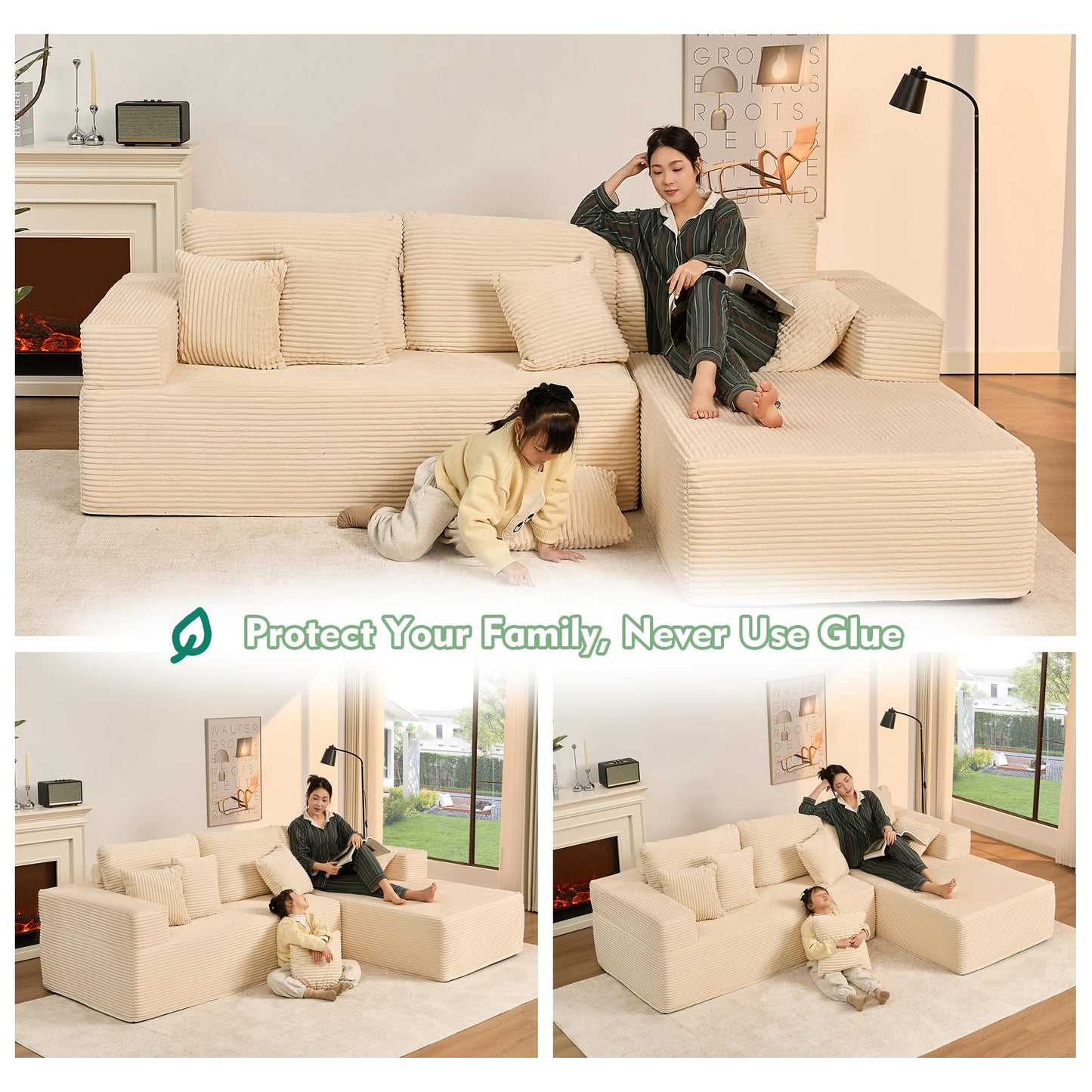 Afuson 107" Boneless Couch with Deep Seat, Modular Sectional Sofa, Cloud Sectional Couch for Living Room, No Assembly Required, Corduroy, L-Shape Right，White