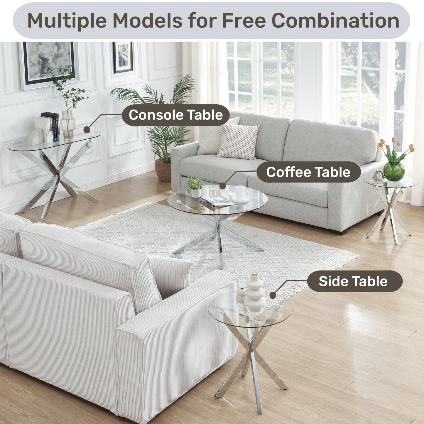 Round Glass Coffee Tables for Living Room, Home Office, Modern & Simple Center Table with Clear Tempered Glass Top, 35.5" Wx19.7 H Silver