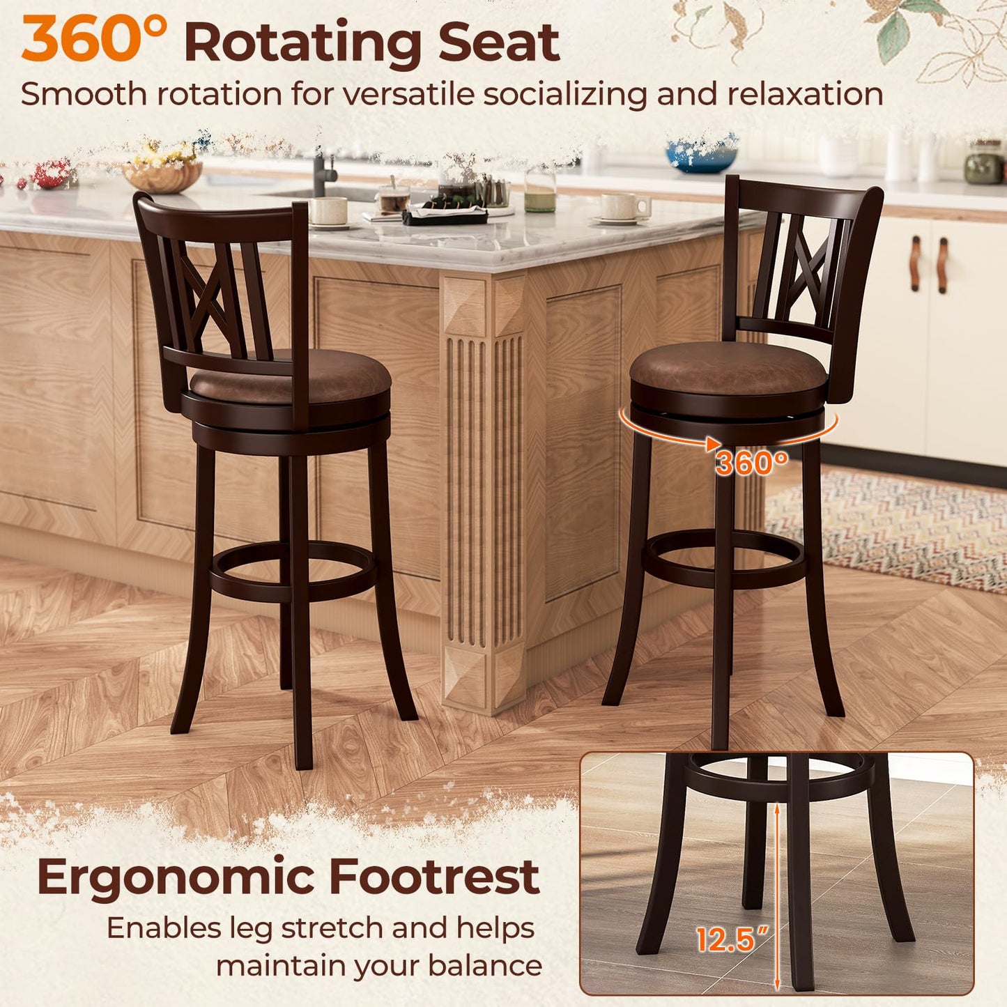 COSTWAY Bar Stools Set of 2, 30” Swivel Bar Chairs with Footrest, Rubber Wood Frame & Hollowed Backrest, Leathaire Bar Height Stools, Padded Counter Stools for Kitchen Island & Pub (2, 30'')