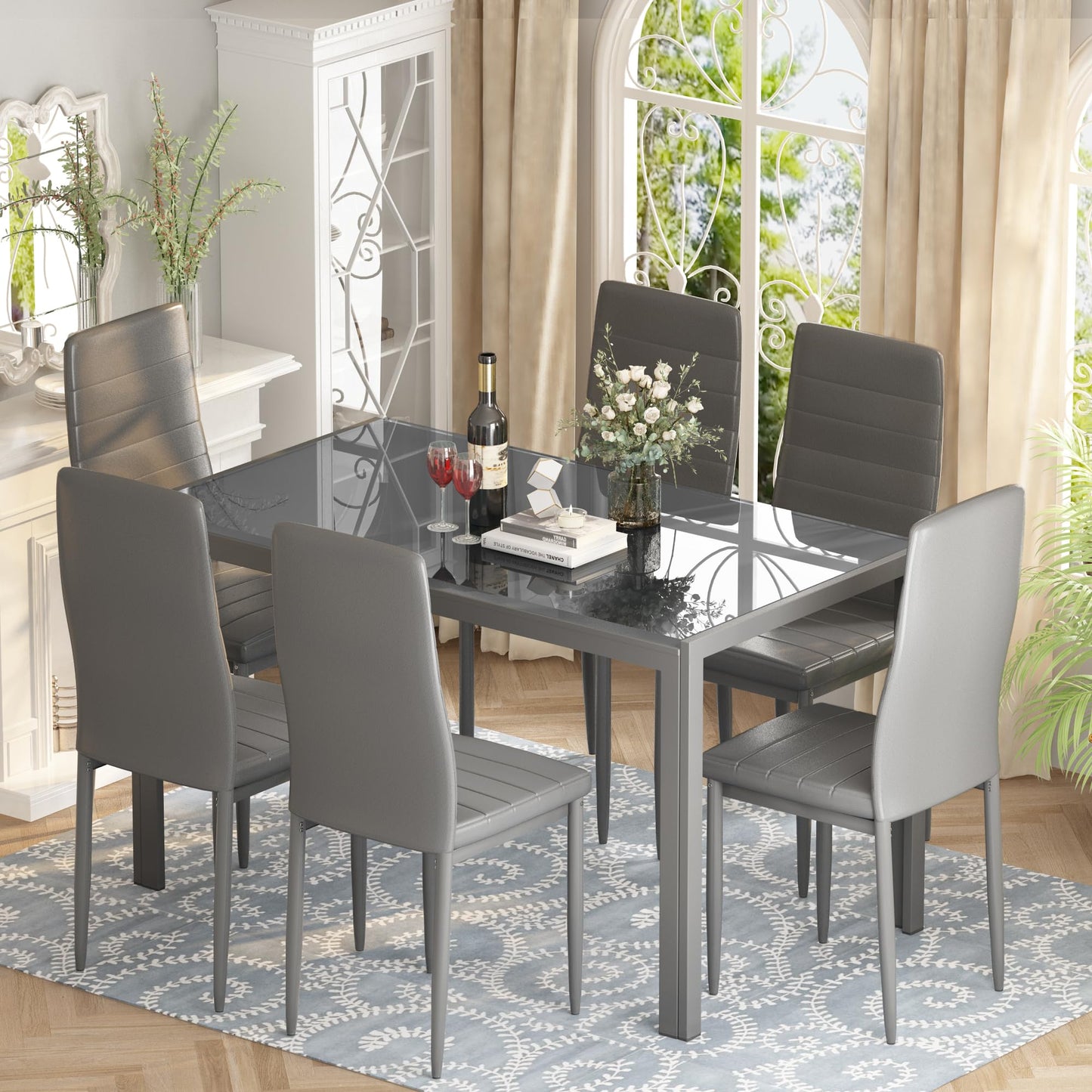 Recaceik Glass Dining Table Sets for 6, 7 Piece Kitchen Table and Chairs Set for 6 Person, Tempered Glass Table and PU Leather Chairs Modern Dining Room Sets for Small Space