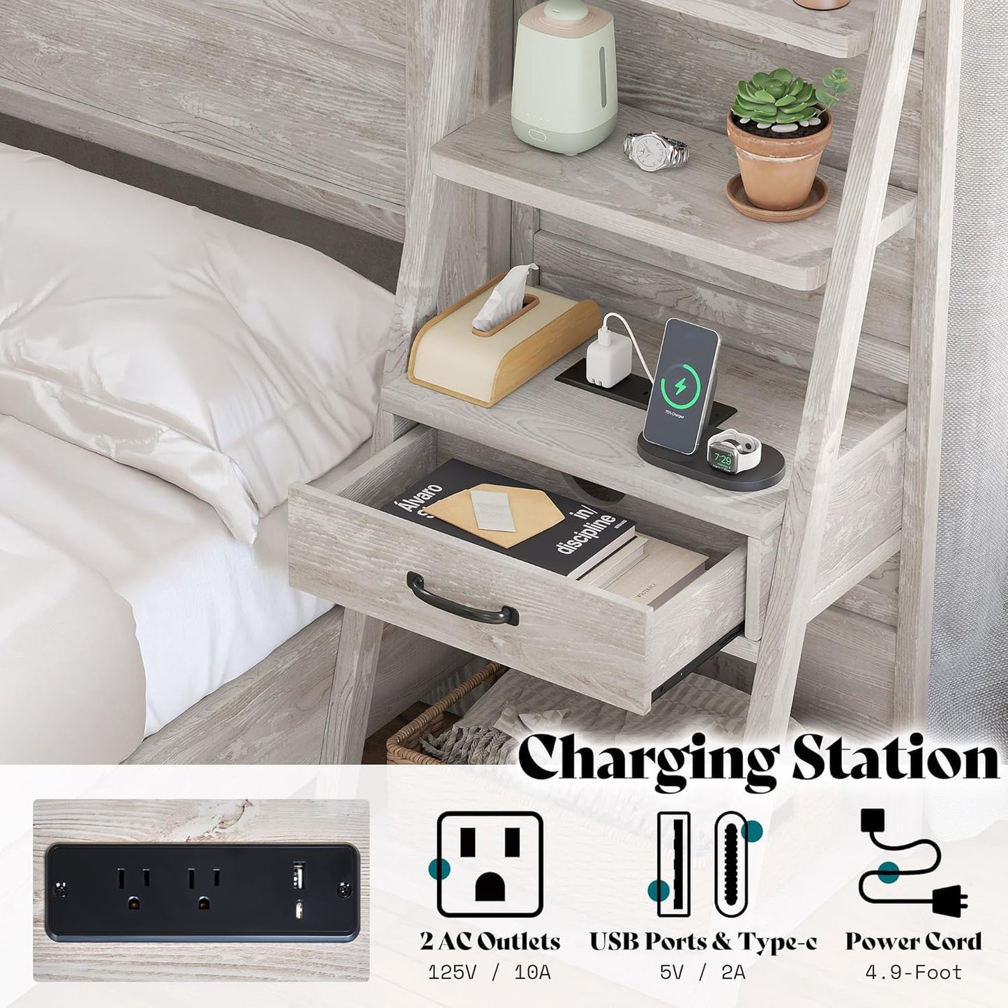 AMERLIFE Queen Bed Frame with Bookcase Headboard & 4-Tier Bedside Shelf, Farmhouse Platform Bed with Charging Station and 2 Drawers, Noise-Free,