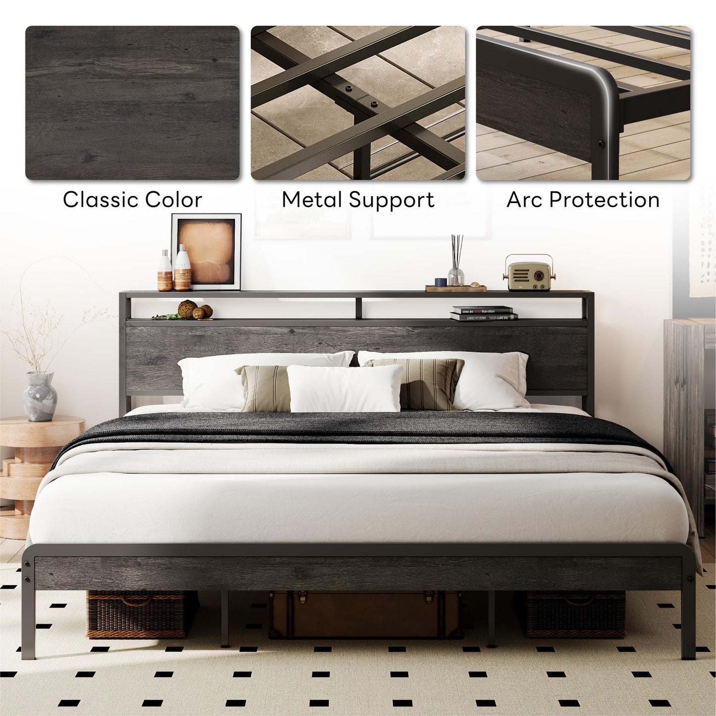 LIKIMIO California King Bed Frame with Headboard, Dark Wood Camas California King with Strong Supports, Sturdy, Noise-Free, No Box Spring Needed, Charcoal Grey