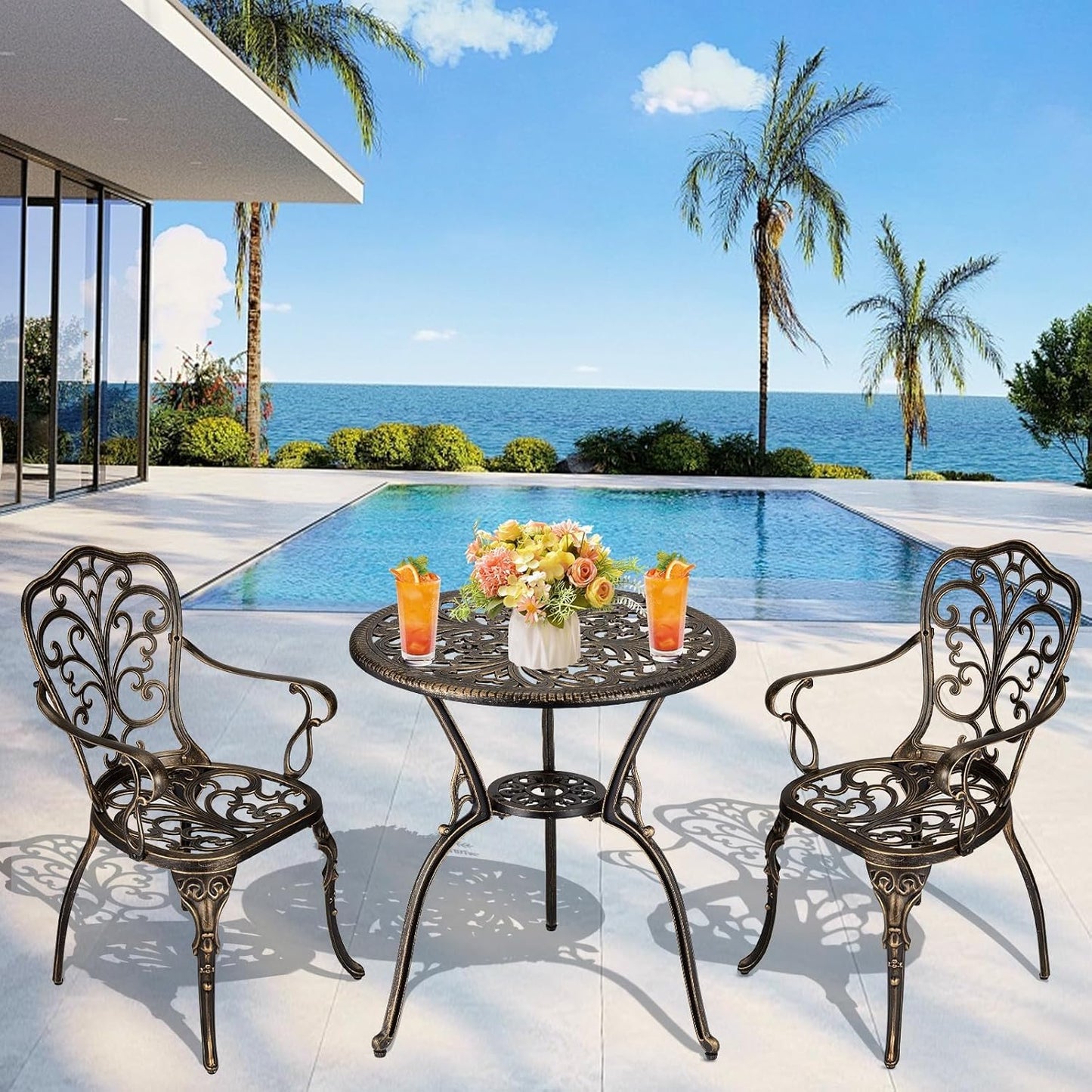 GarveeHome 3 Piece Outdoor Bistro Set, Cast Aluminum Patio Table and Chairs Set of 2 with Umbrella Hole, Rust-Resistant All Weather Balcony Furniture for Backyard, Porch, Bronze
