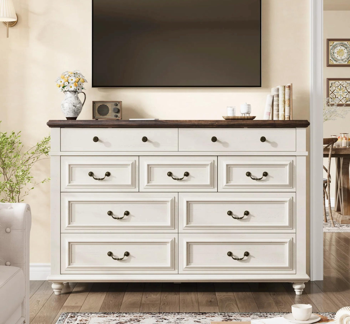 Jocoevol Cream Farmhouse Dresser for Bedroom, 9 Drawer Chest of Drawers, Tall Dressers for Bedroom Storage, Dresser for Closet, Dressers & Chests of Drawers (Cream, 53.5" Wide)