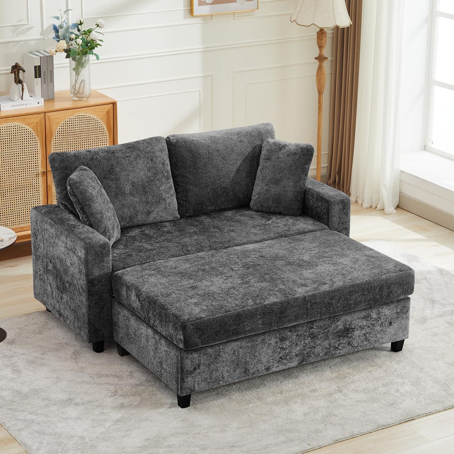 Tbfit 59.4'' Oversized Chaise Lounge Chair Indoor, Upholstered Loveseat Sofa with Storage Ottoman, Pillows & Armrests, Chenille Sleeper Chair, Comfy Couches for Living Room, Bedroom, Apartment, Black