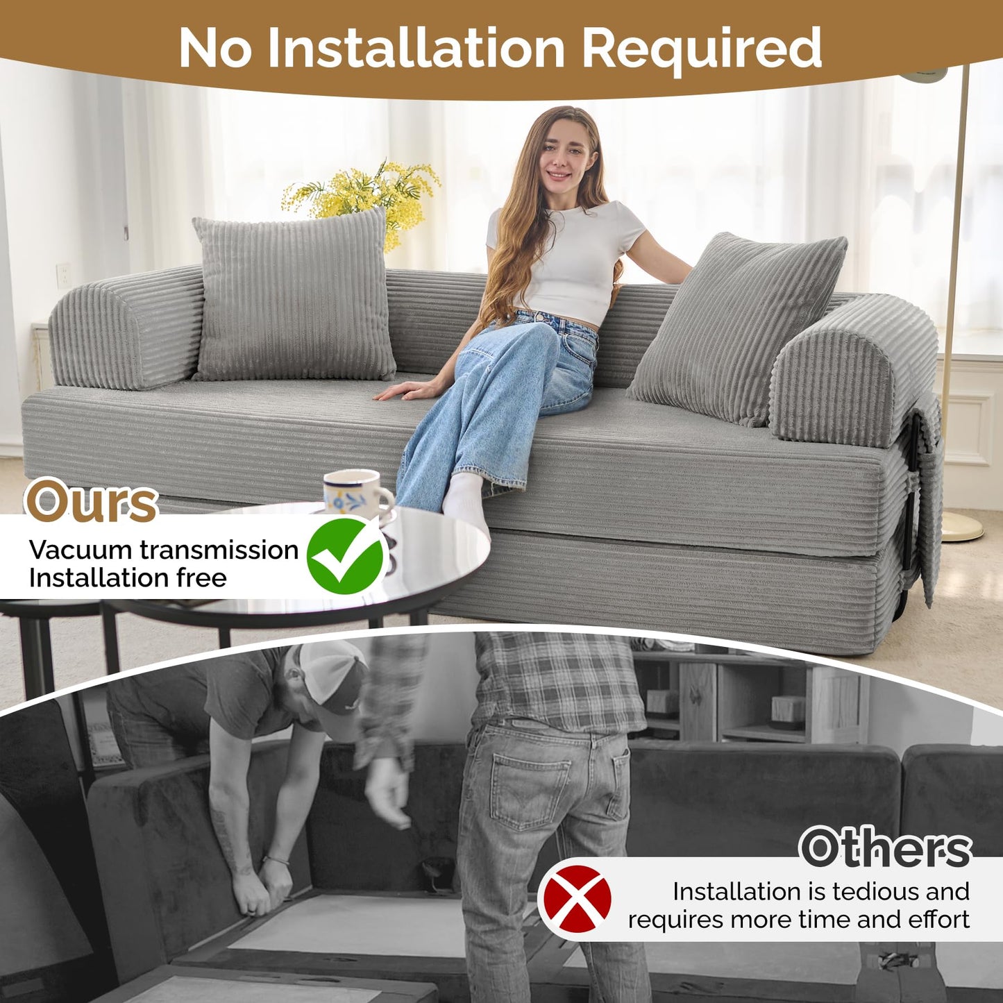 Luxanimarion Convertible Coarser Corduroy Sleeper Sofa Bed with Cylindrical Pillow, Folding Mattress Couch with Fixed-Shape Frame, Floor Sofa Lounge Couch for Living Room Bedroom Lounge Studio, Grey