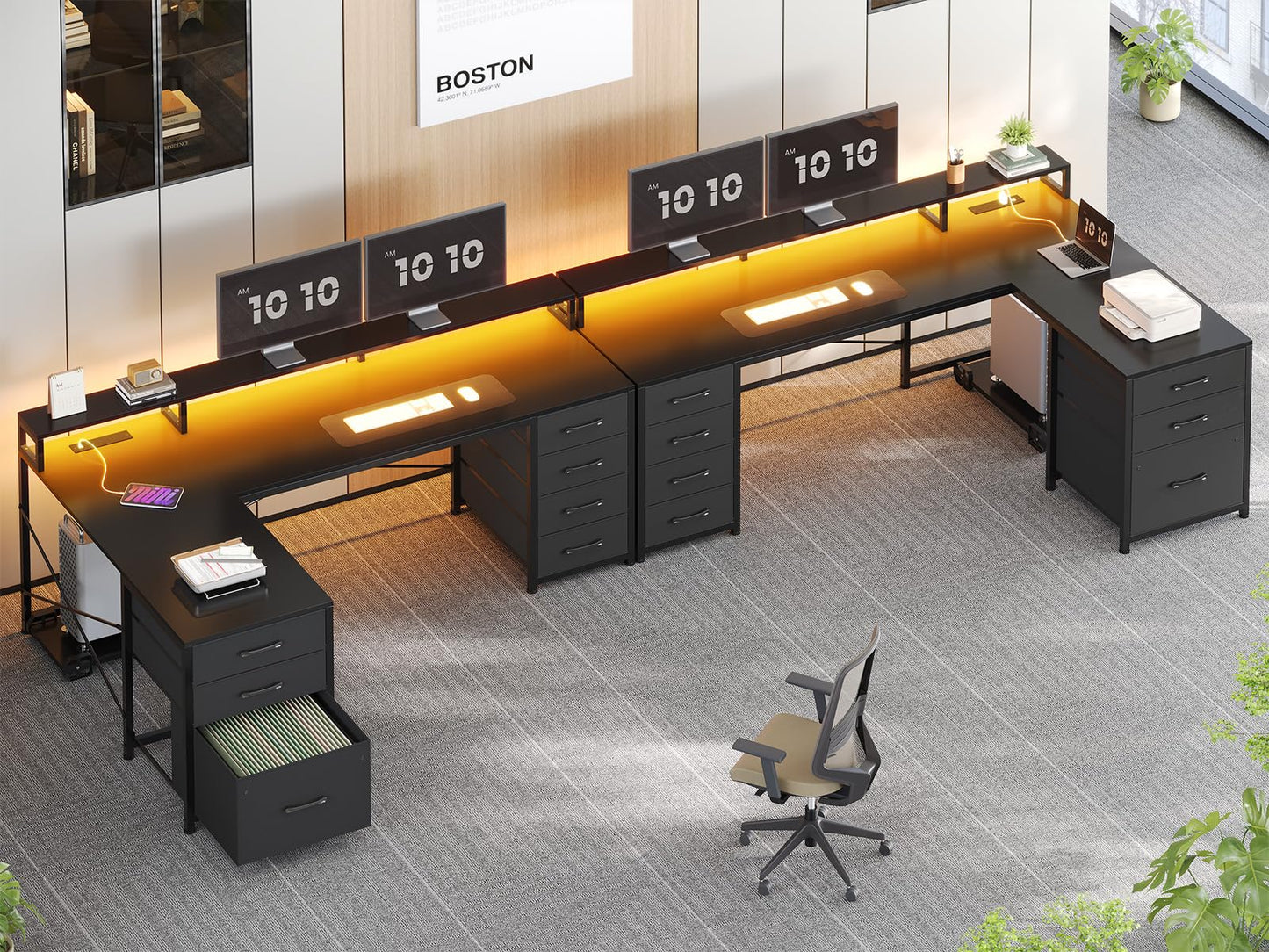 SEDETA L Shaped Gaming Desk, Reversible 58" Small Computer Desk with 7 Drawers and Power Outlet, Corner Gaming Desk with LED Lights for Small Space, Black