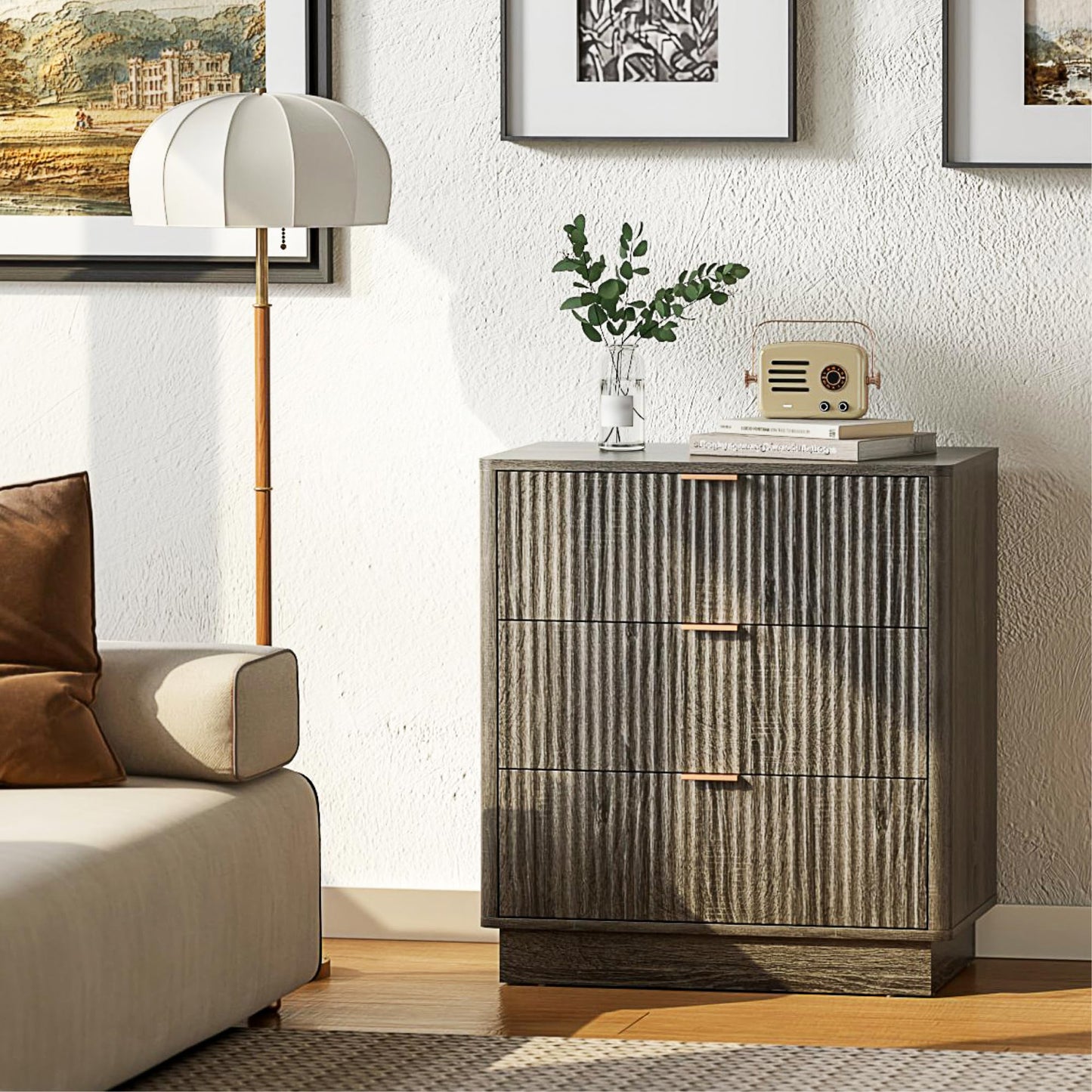 ECOTINY Mid Century Modern 3 Drawer Dresser, Fluted Wood Chest with Round Edge Design, Shallow Bedroom Storage for Closet, Living Room（Charcoal Oak）