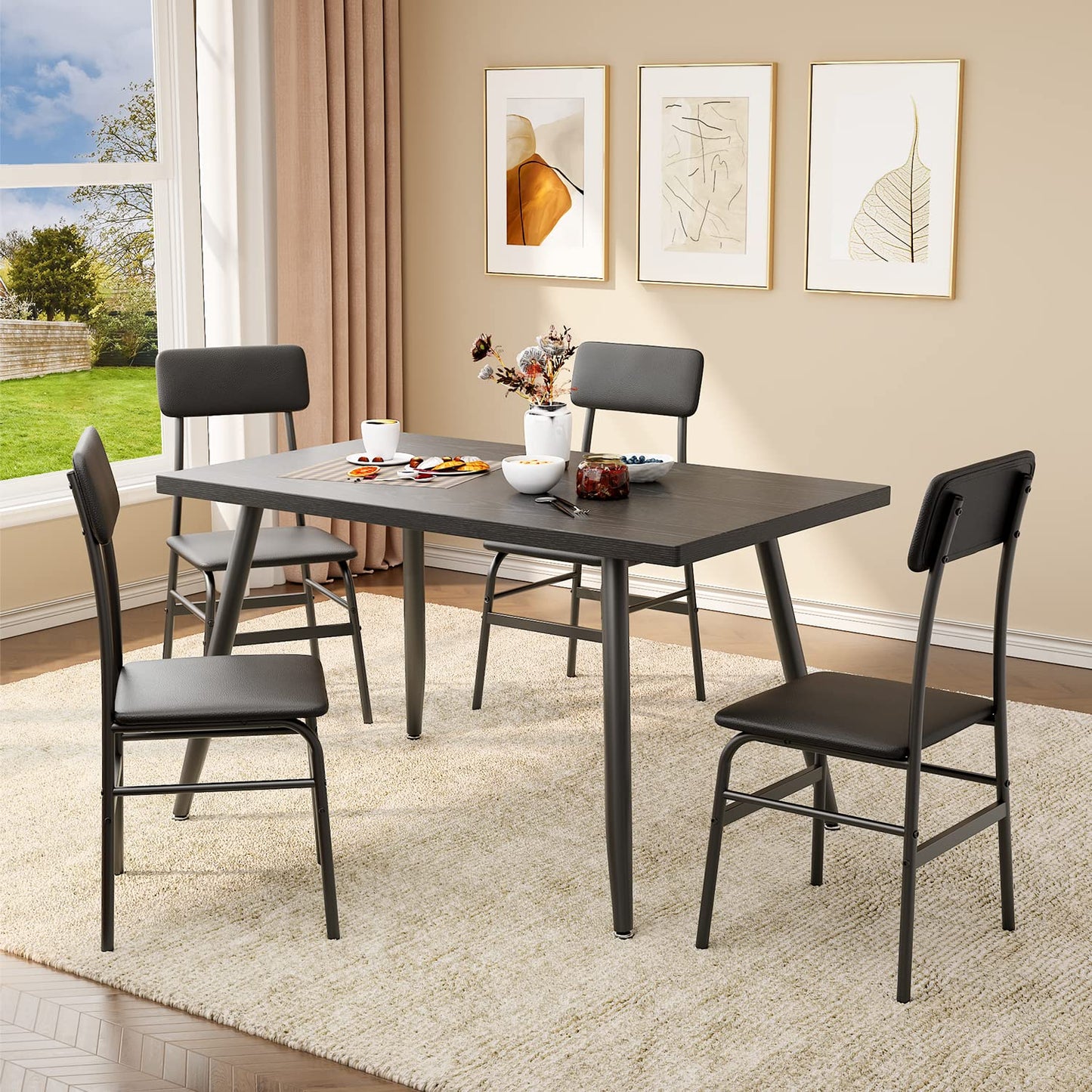 Gizoon 5 Piece Dining Table Set for 4, Modern Metal & Wood Kitchen Dinner Table with 4 Chairs, Space-Saving Dining Room Furniture Table & Chair Sets for Small Spaces & Apartment, Black
