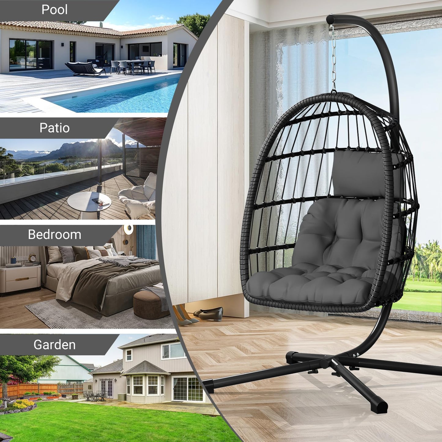 CHABATREE Egg Chair with Stand,Patio Rattan Wicker Hanging Swing Egg Chair Hammock Chair for Bedroom Porch Garden,Thickened Aluminum Alloy Steel Frame and UV Resistant Cushion,350LBS Capacity