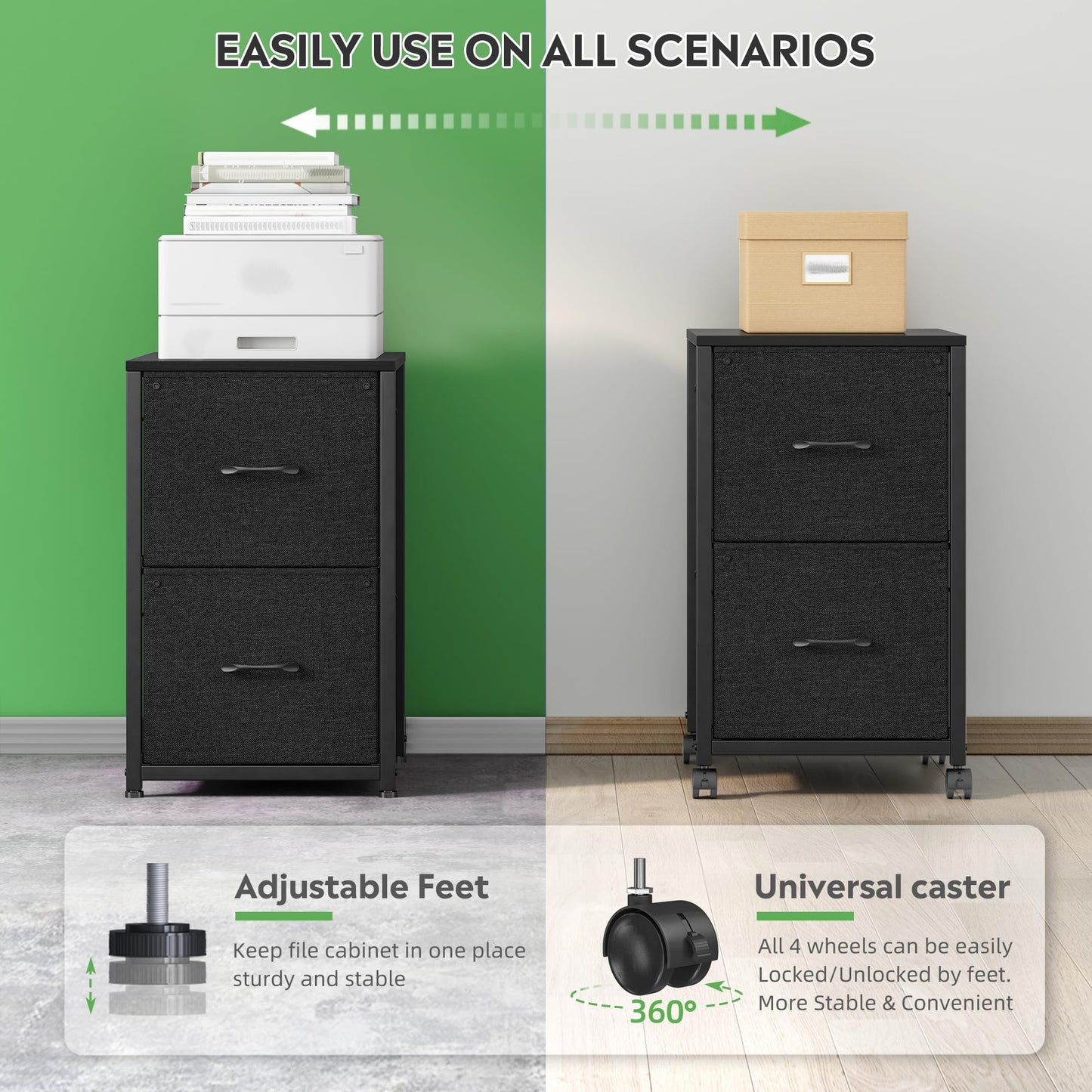 Raybee File Cabinet 2 Drawer Fabric Filing Cabinet Small Rolling Printer Stand Lateral Filing Cabinets Fits A4 Letter Legal Size for Home Office