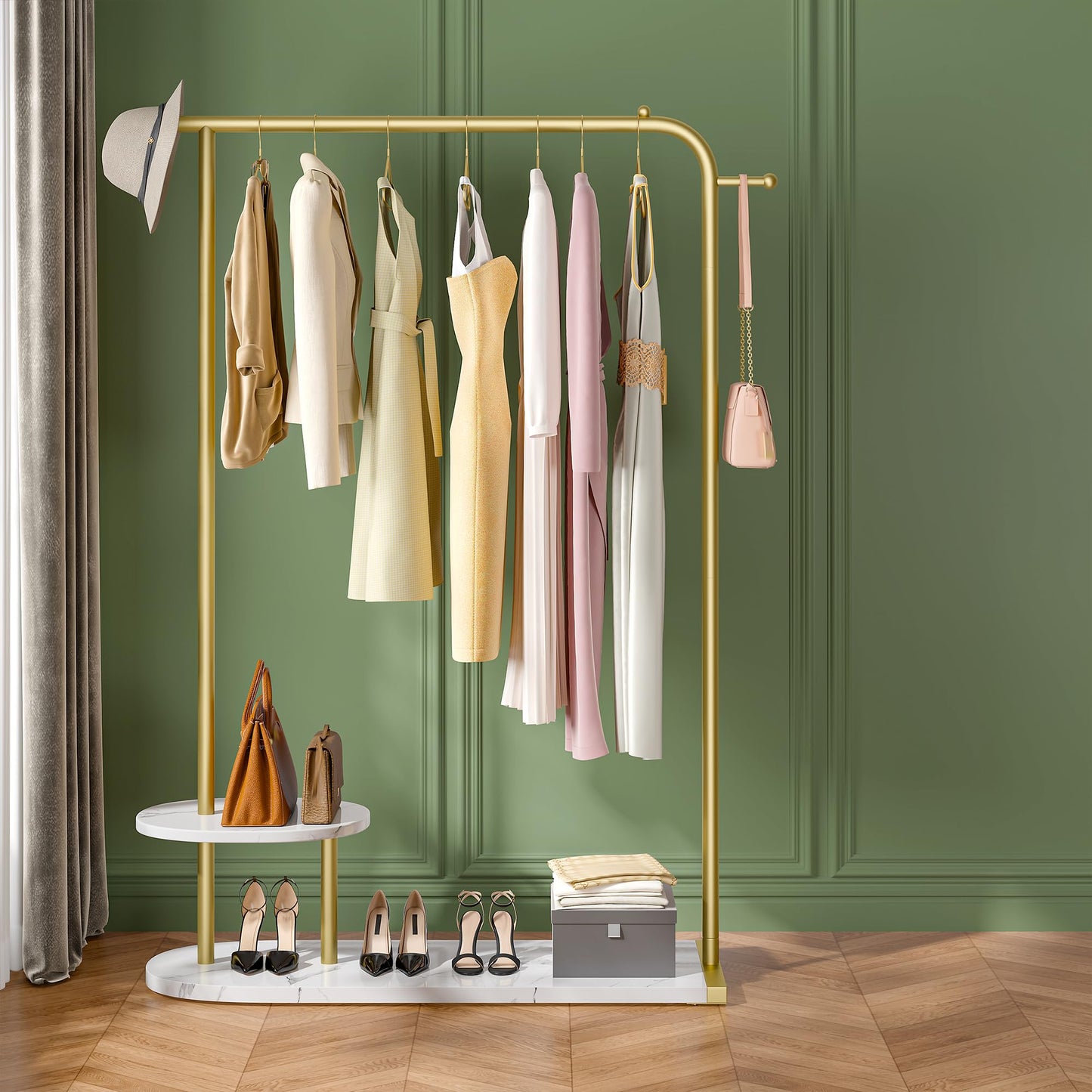 Raybee 67" H Gold Clothing Rack, Modern Coat Rack with Two-Tier Storage, Clothes Rack with a Display Stand for Boutique Store, Living Room, Bedroom