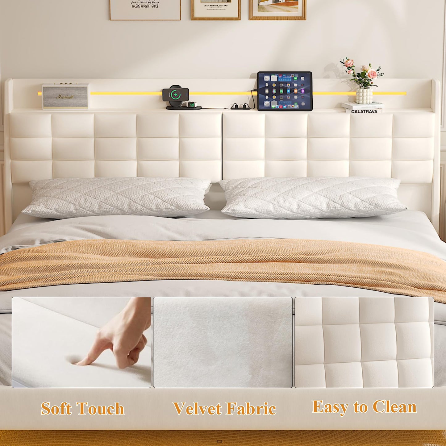 FSTAR King Size Floating Bed Frame with Storage Headboard & LED Lights, Velvet Upholstered Platform Bedframe with Charging Station, Wooden Slats Supports, No Box Springs Needed, Beige